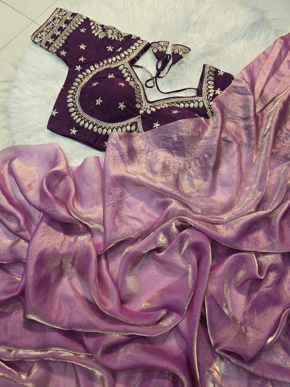 Space Silk Saree With Sequence Emrodairy Full Stiched Worked Blouse