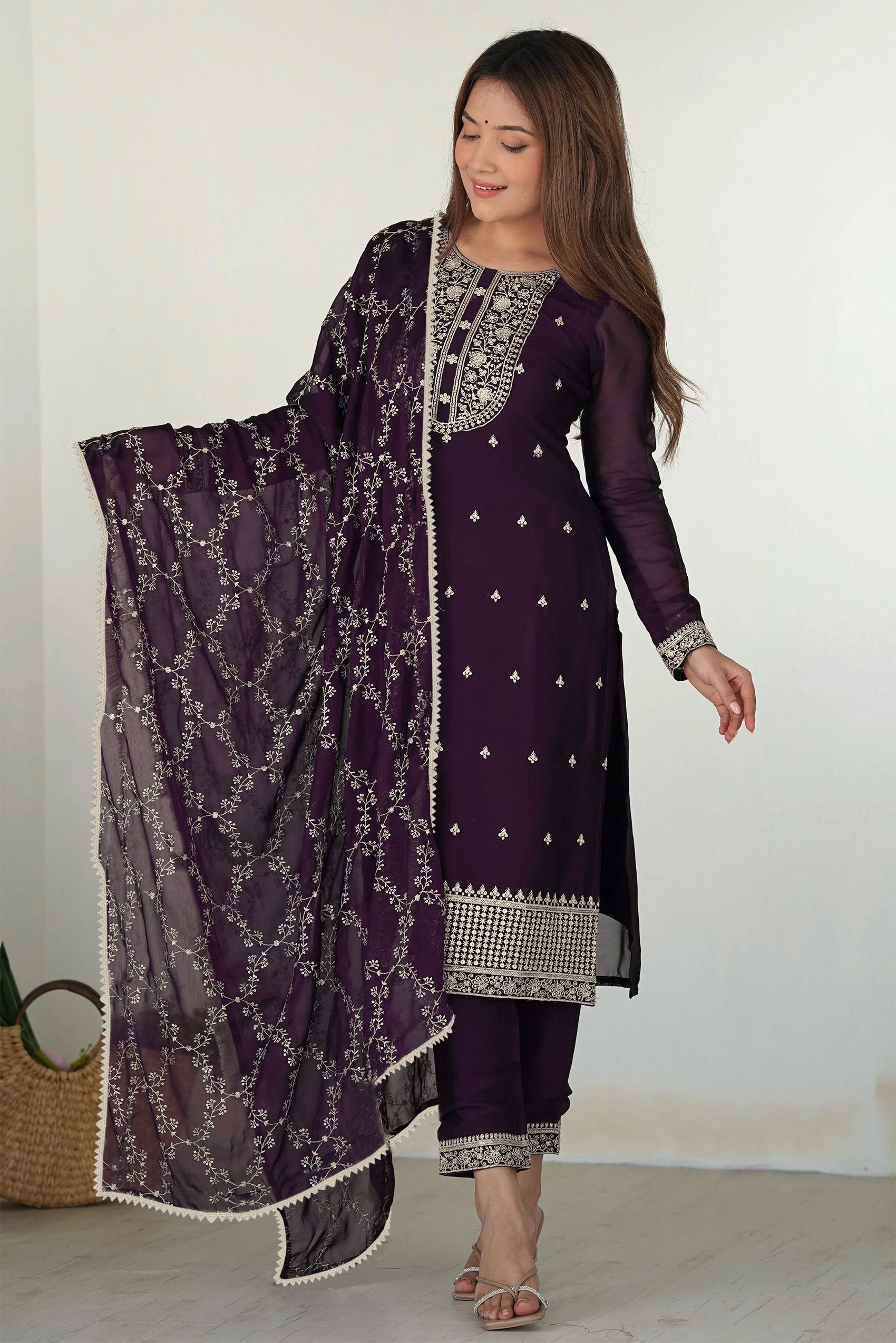 Elegant Purple Embroidered Chanderi Straight Kurta Set with Dupatta for Women