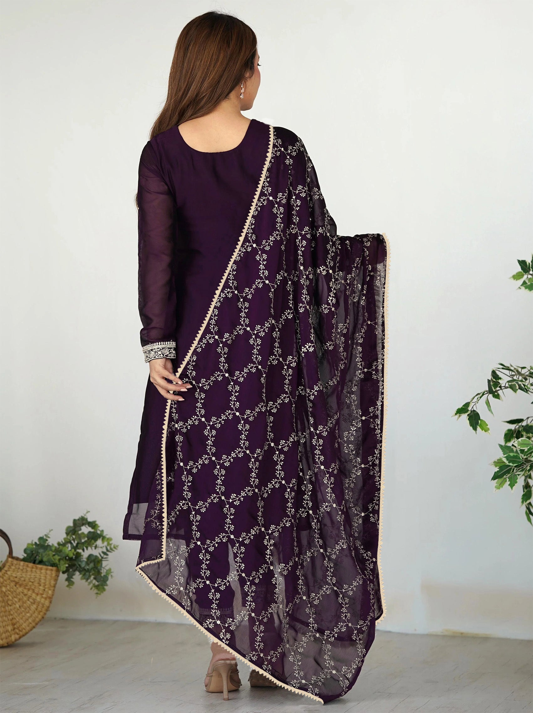 Elegant Purple Embroidered Chanderi Straight Kurta Set with Dupatta for Women