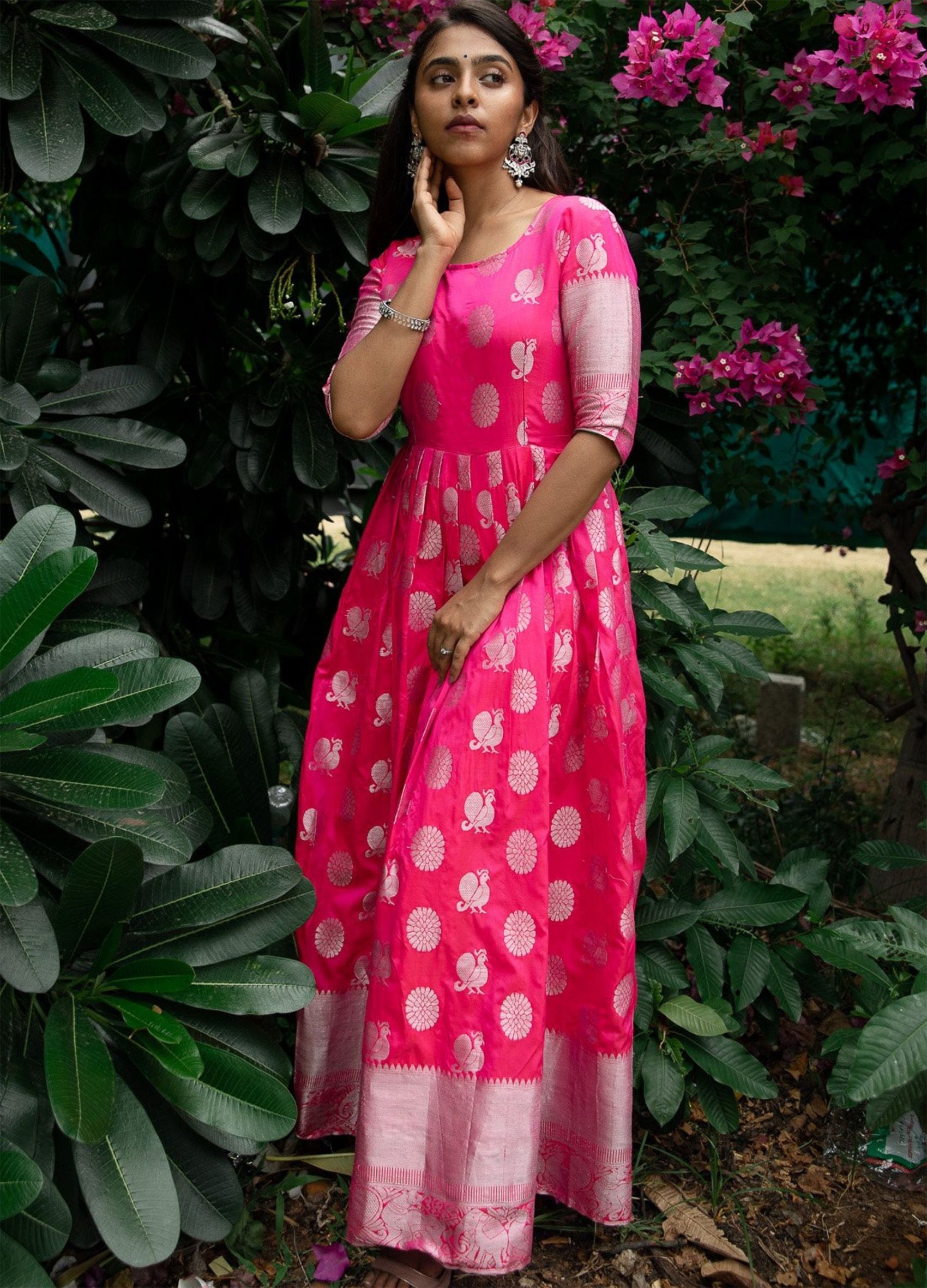 Women Woven Jacquard Stitched Anarkali Gown