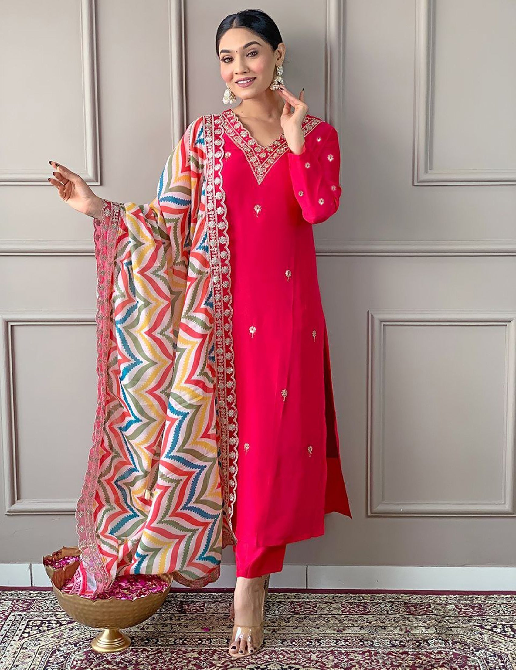Elegant Pink Embroidered Straight Kurta Set with Multicolor Chevron Dupatta