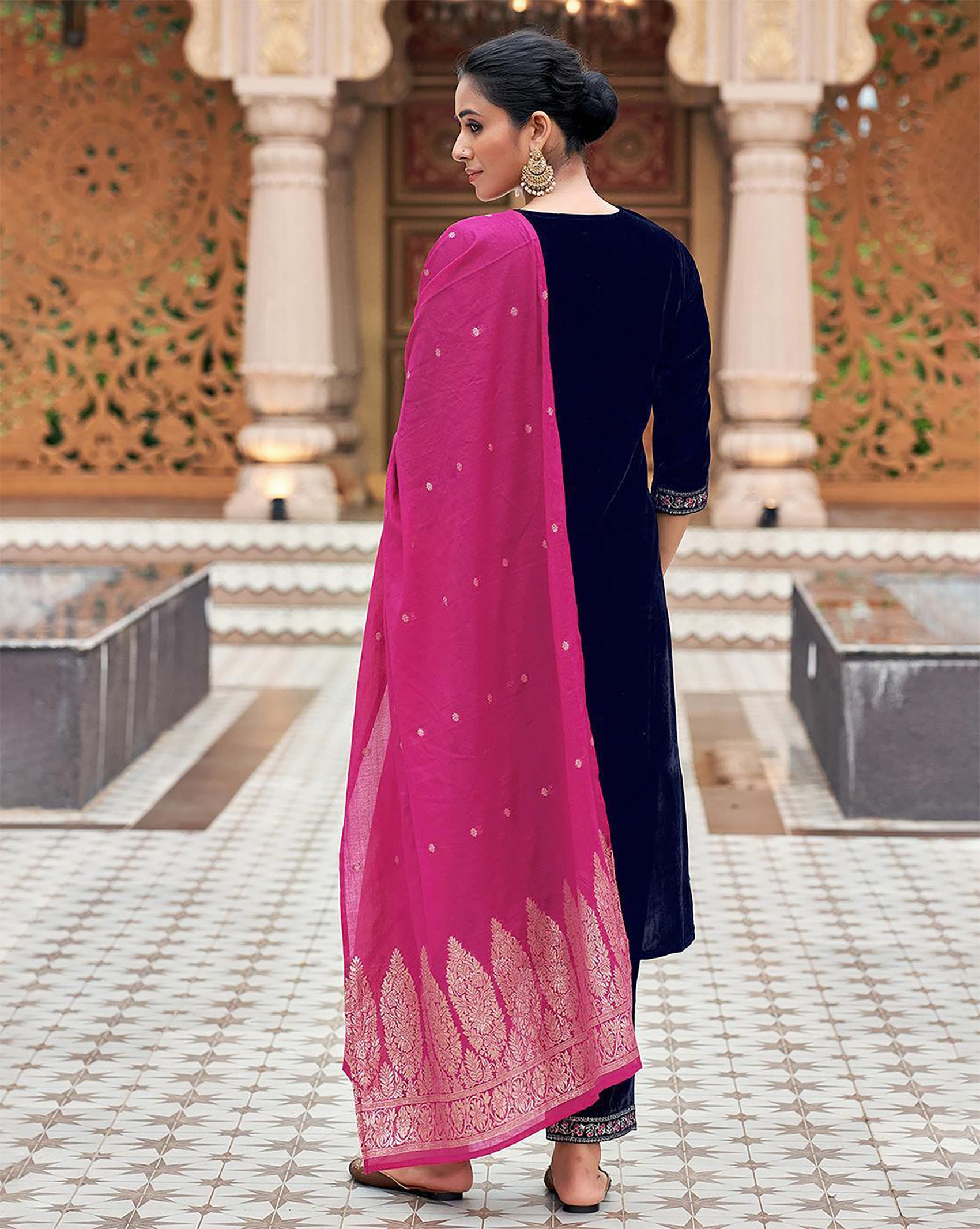 Women's Velvet Embroidered Straight Kurta Set with Dupatta – Navy Blue & Magenta