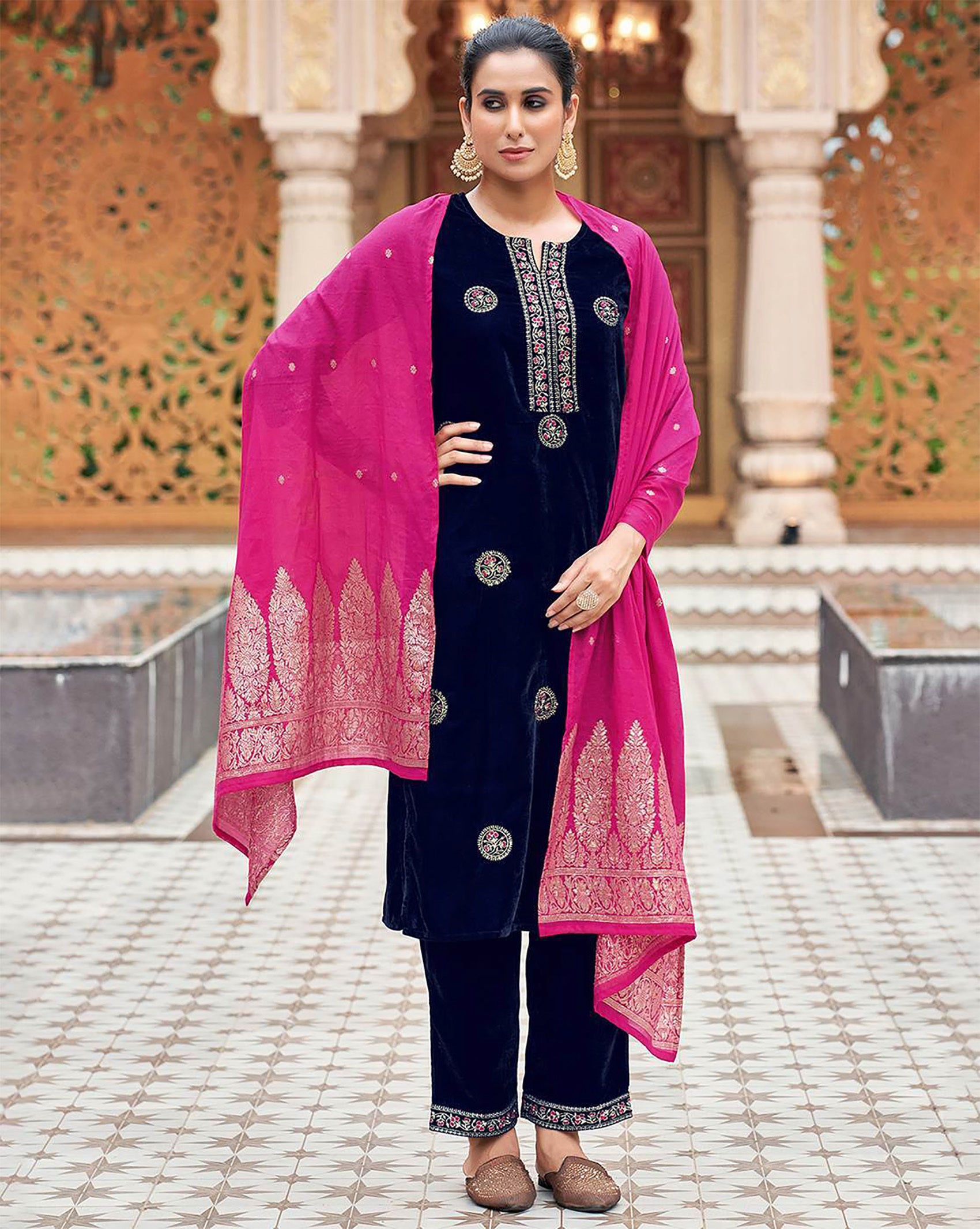 Women's Velvet Embroidered Straight Kurta Set with Dupatta – Navy Blue & Magenta