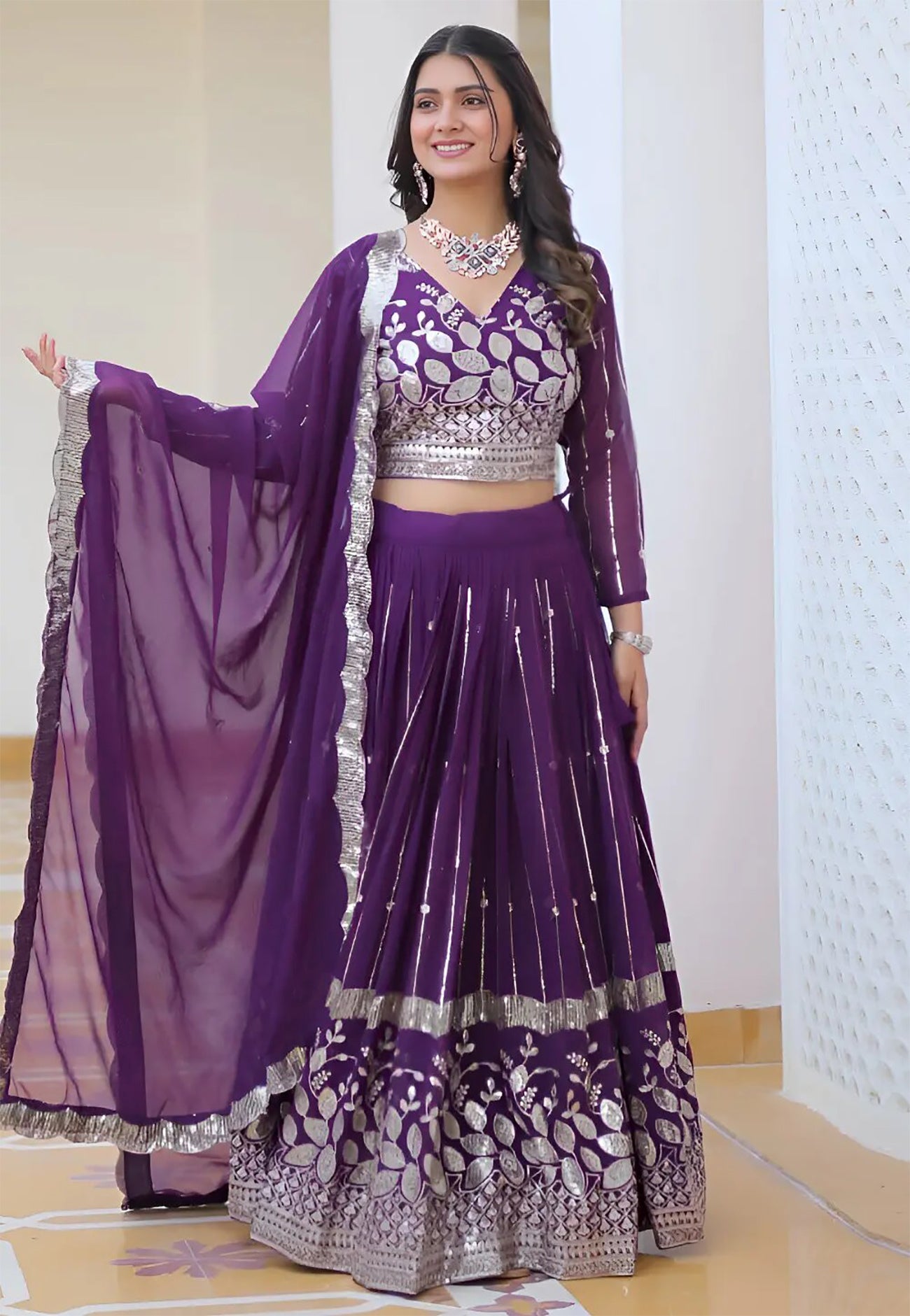 Royal Purple Embroidered Lehenga Choli with Mirror Work and Sheer Dupatta