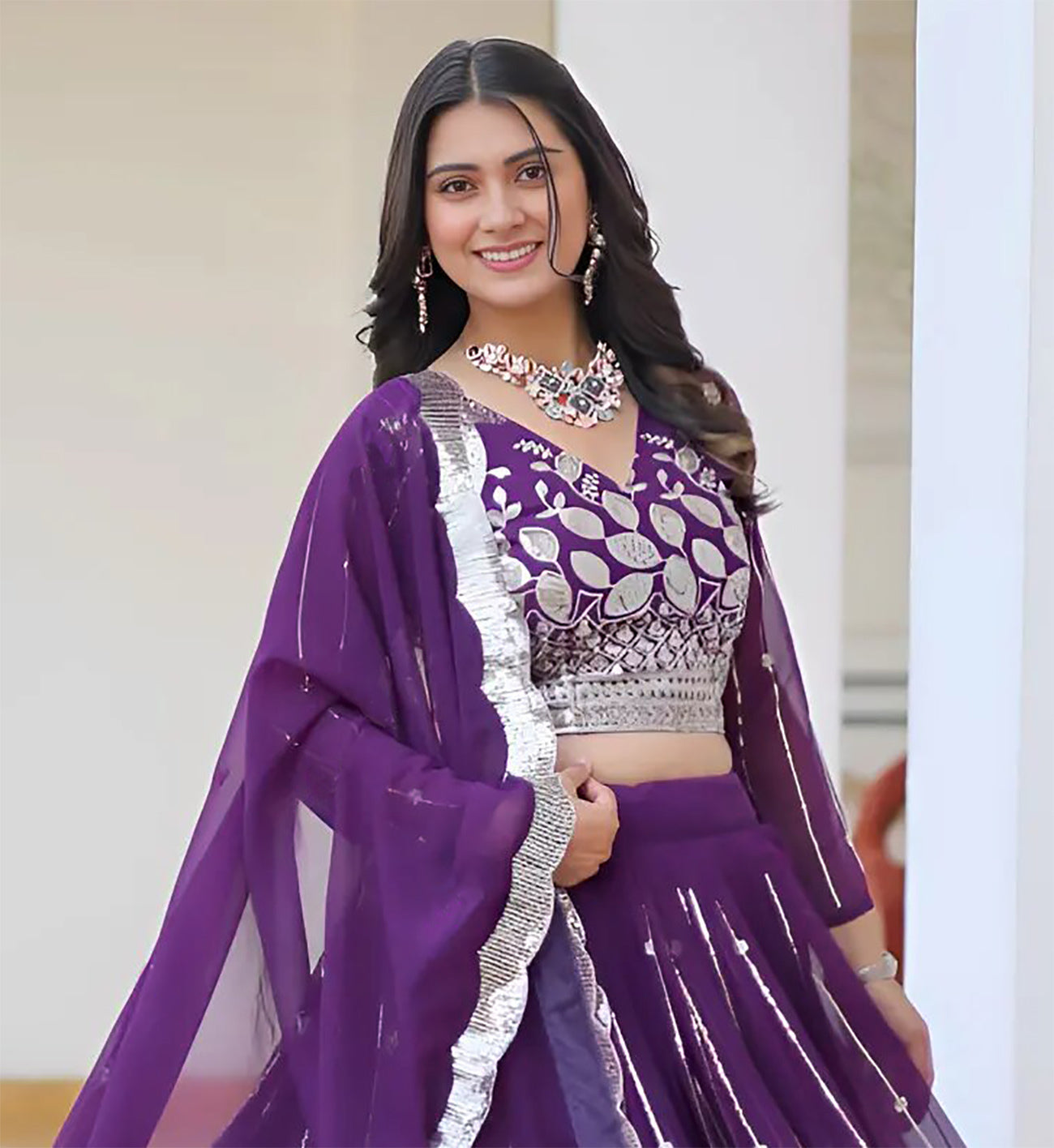 Royal Purple Embroidered Lehenga Choli with Mirror Work and Sheer Dupatta