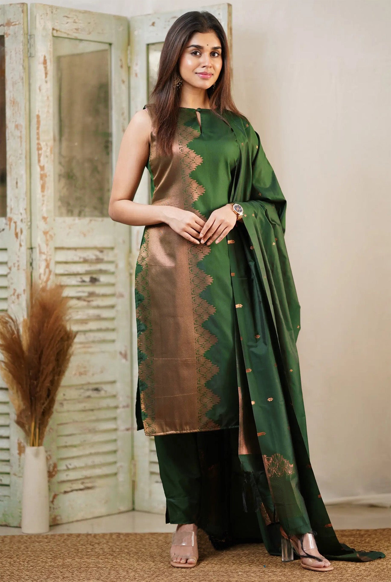 Elegant Dark Green Banarasi Silk Salwar Suit Set with Zari Work Dupatta