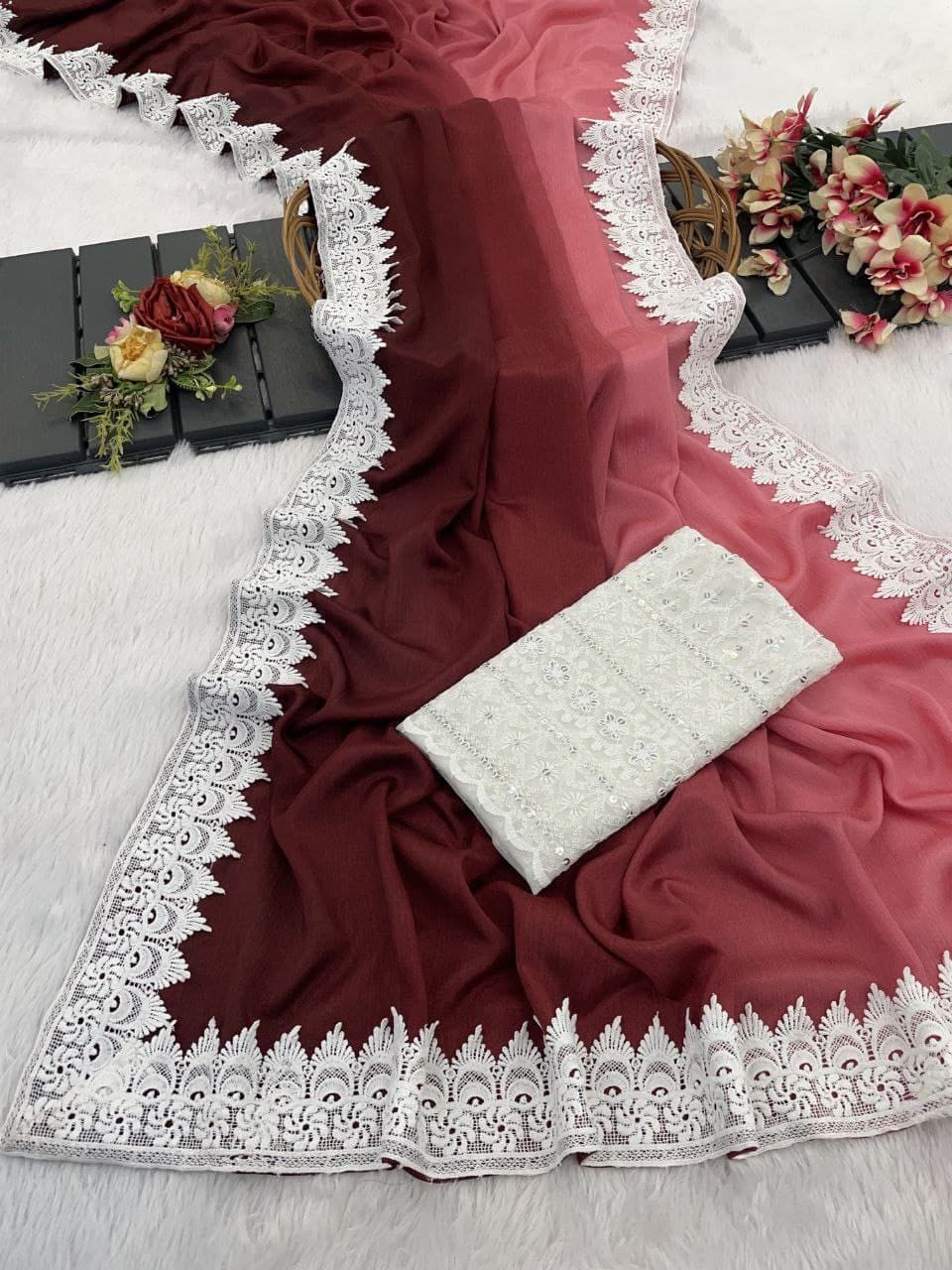 CHINNON PEDDING  SAREE WITH WHITE CHIKKAN BLOUSE