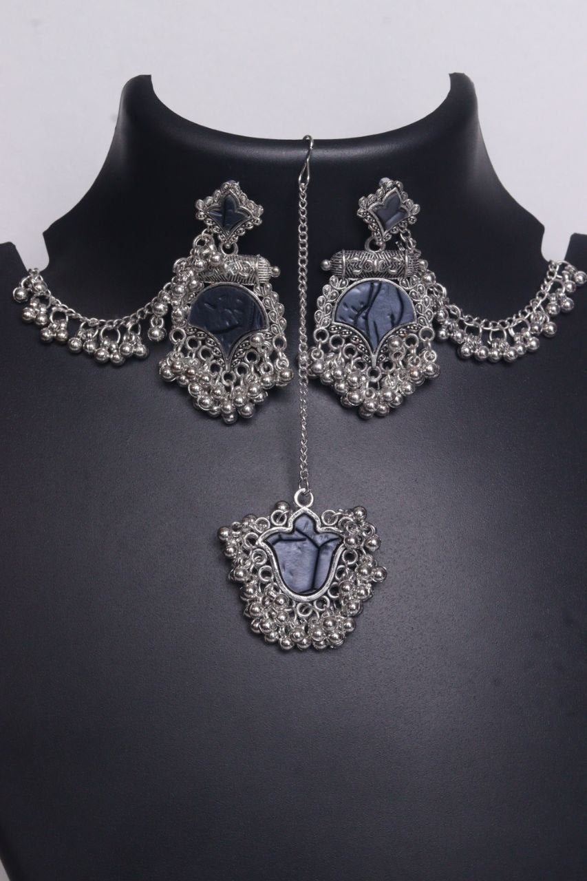 Tribal Style Oxidised Silver Necklace Set with Red Stone Detailing