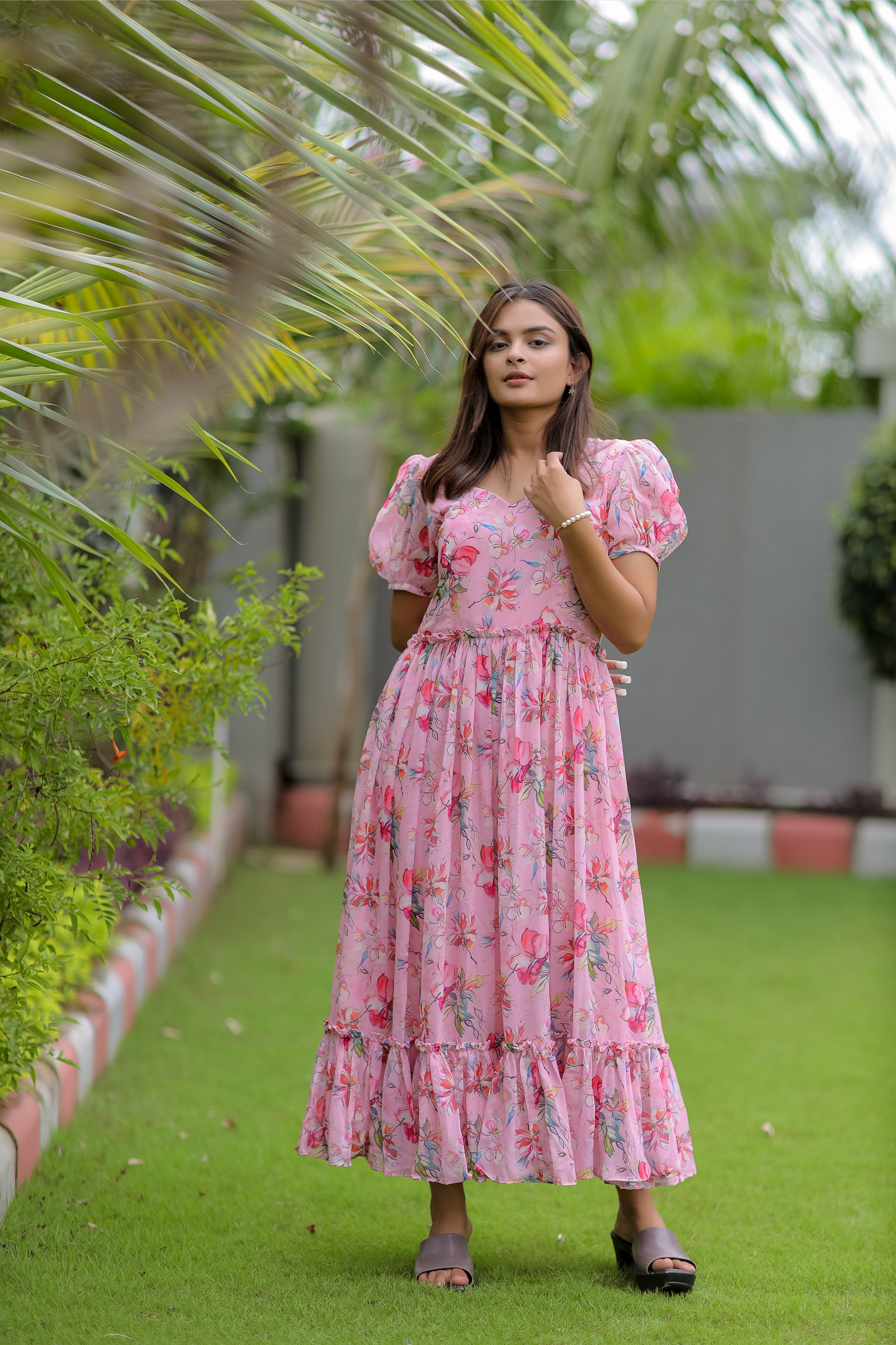 Floral Pink Puff Sleeve Maxi Dress – Summer Garden Vibes