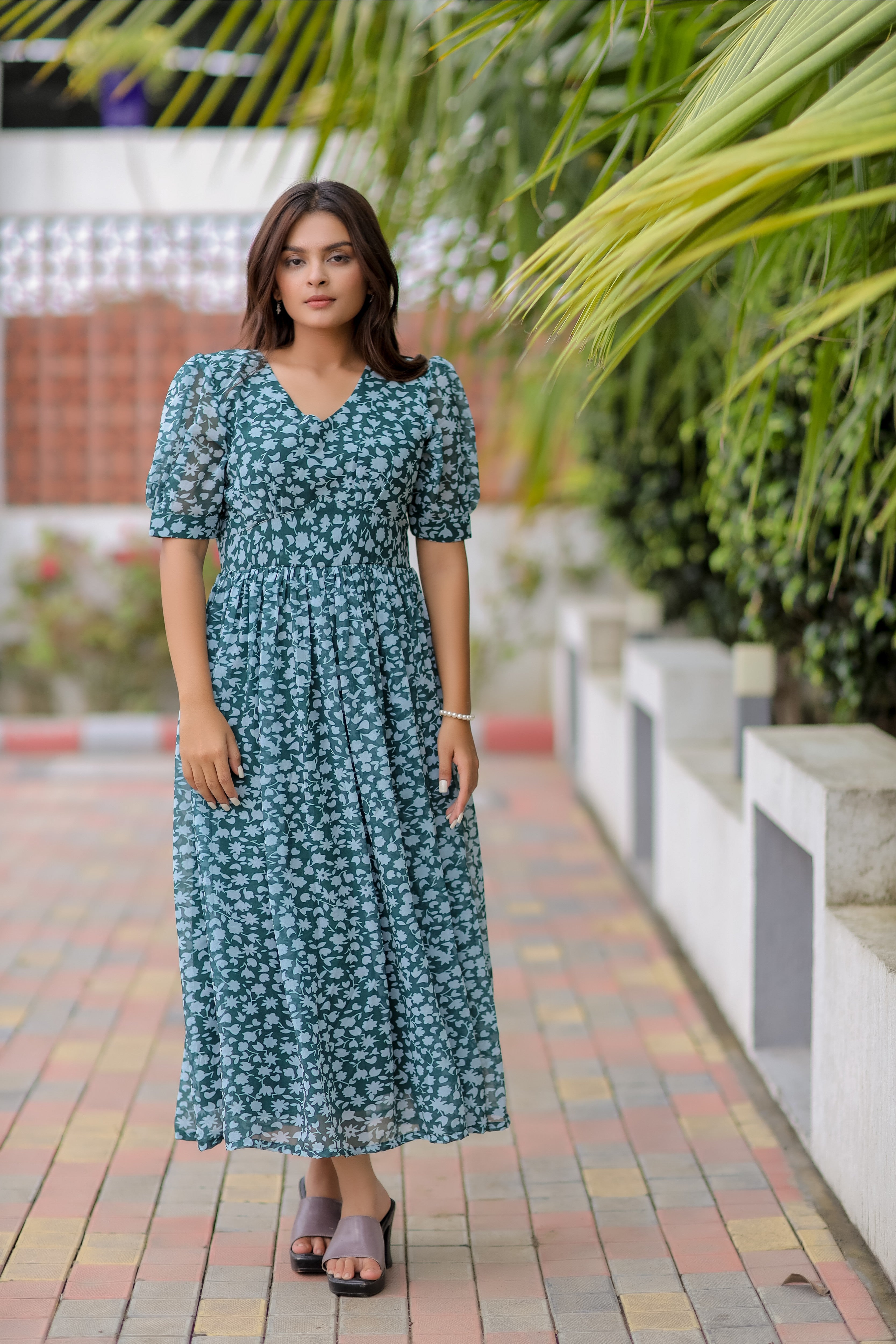 Floral Puff Sleeve Maxi Dress – Teal Blue