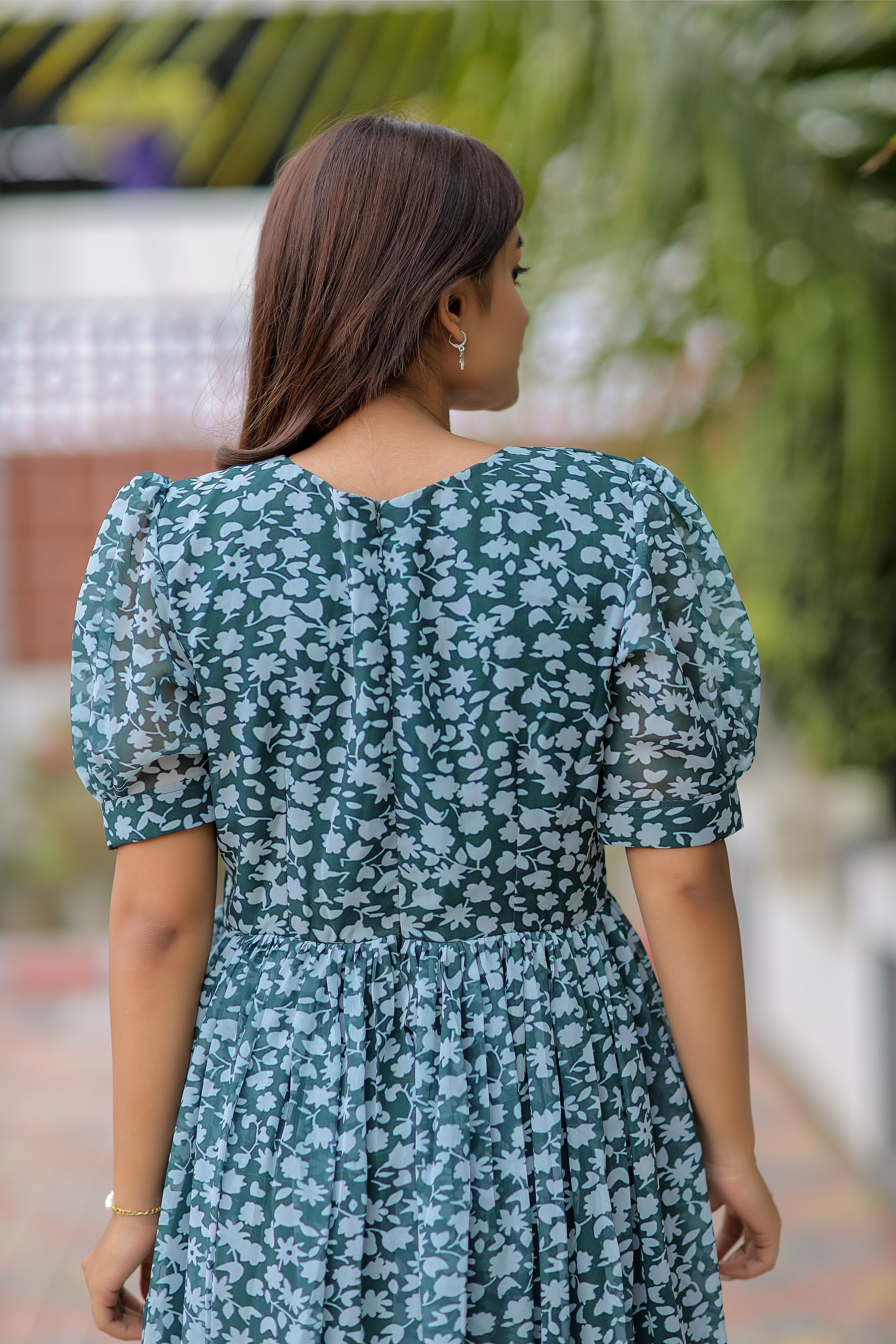 Floral Puff Sleeve Maxi Dress – Teal Blue