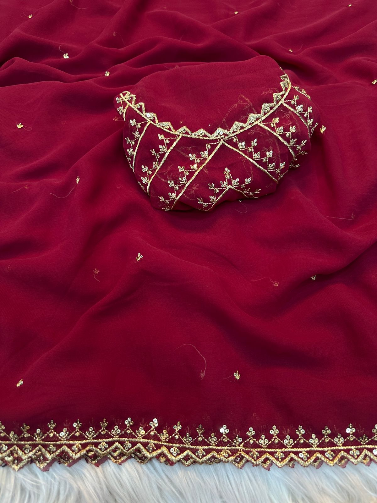Pure Soft Georgatte Fabric Saree With Heavy Embroidery Work & Fancy Work Blouse