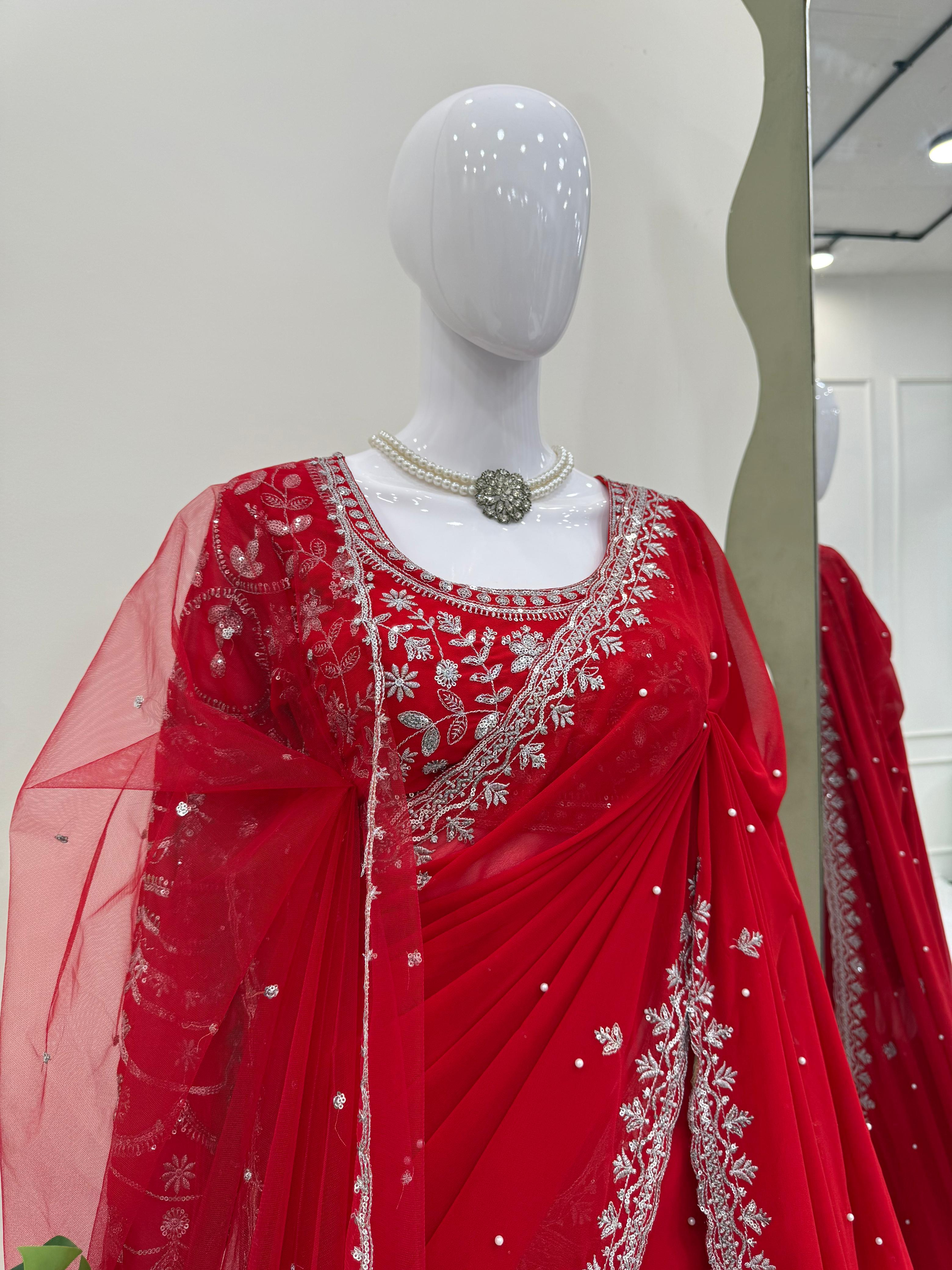 beautiful Designer Saree on Faux Georgette Red Colour