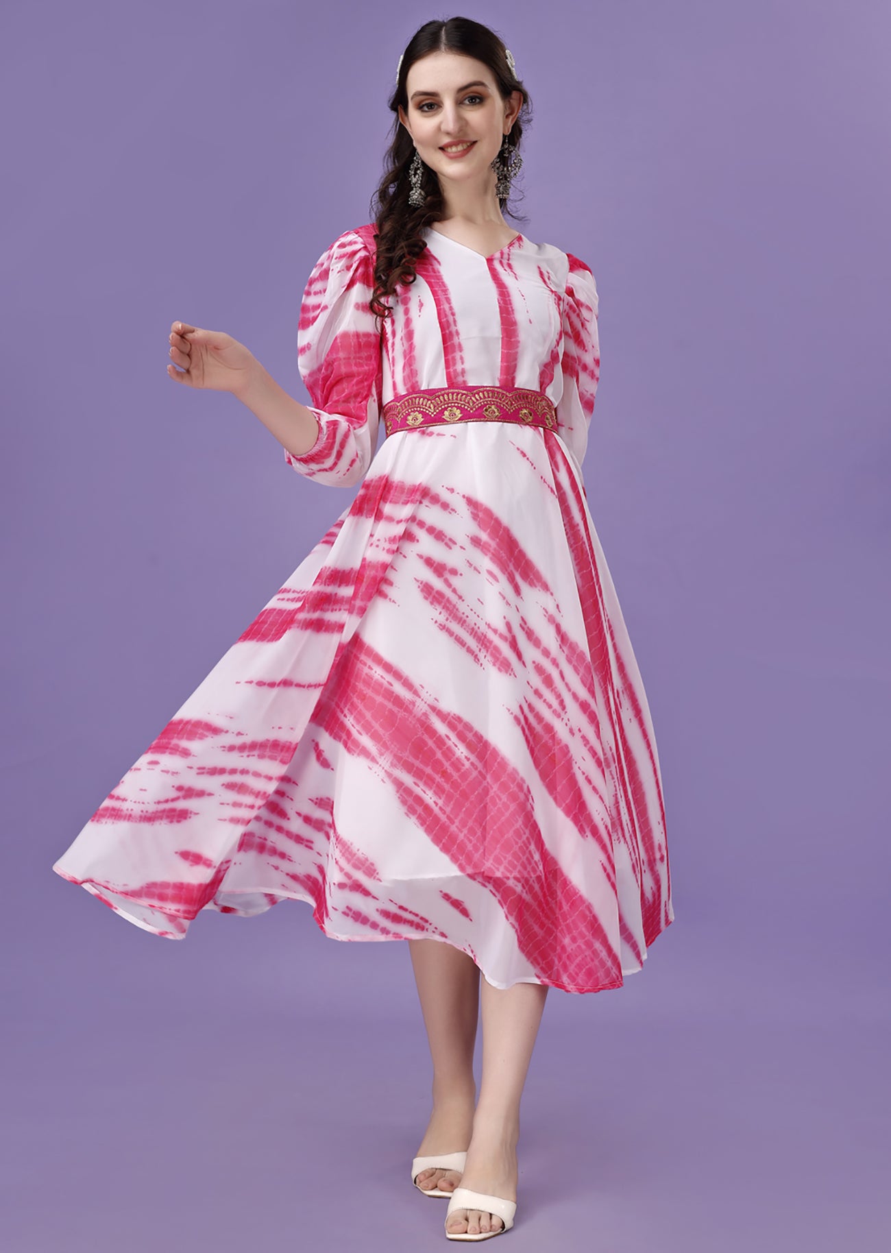 Women's Pink & White Tie-Dye Midi Dress with Puff Sleeves and Embroidered Waist Belt