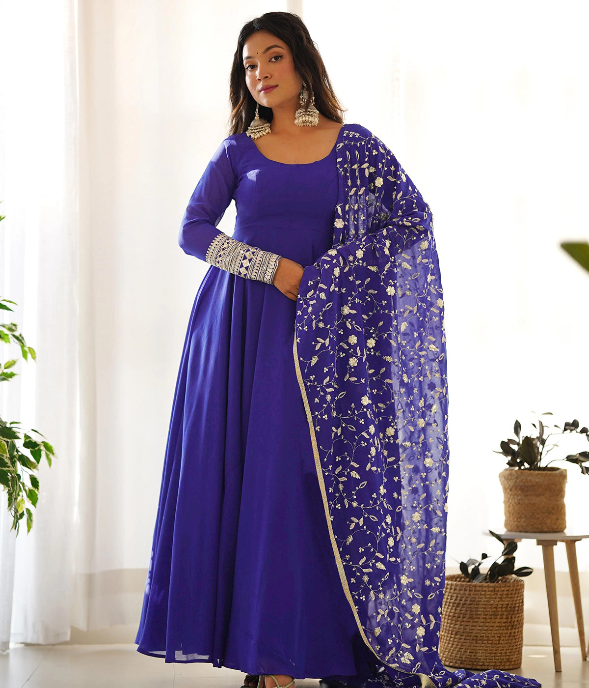 Embroidered Georgette Stitched Anarkali Gown With Dupatta