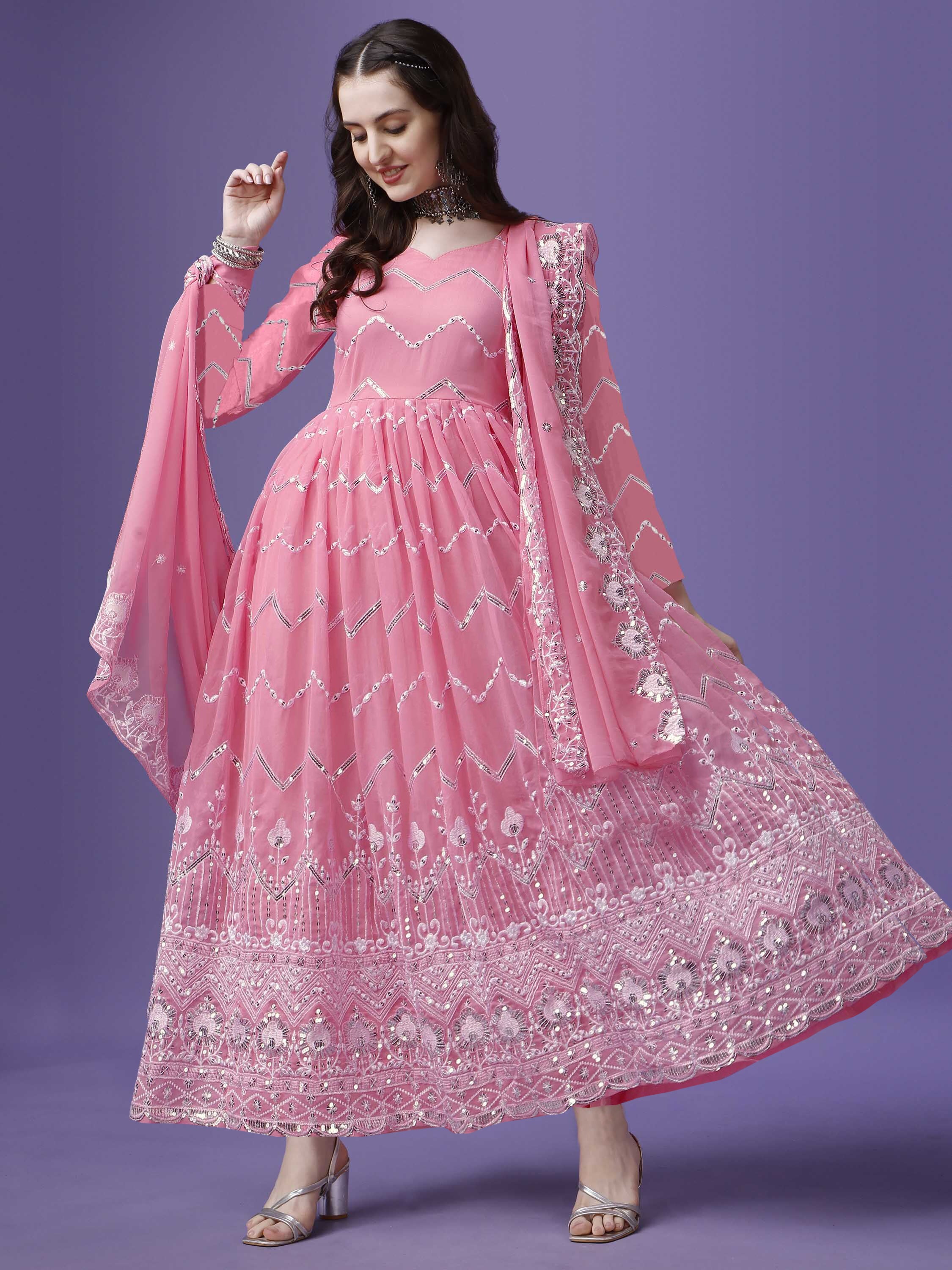 Embroidered Georgette Stitched Anarkali Gown With dupatta
