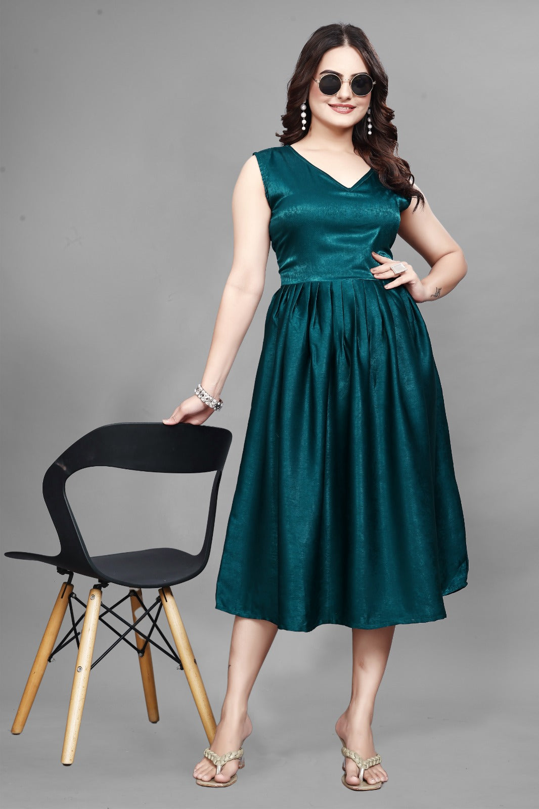 Emerald Green Satin Fit & Flare Midi Dress | Party Wear Sleeveless Gown