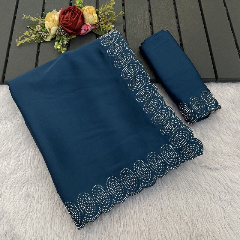 heavy satin designer saree adorned with a stunning hotfix diamond border & with jarkhan border saree