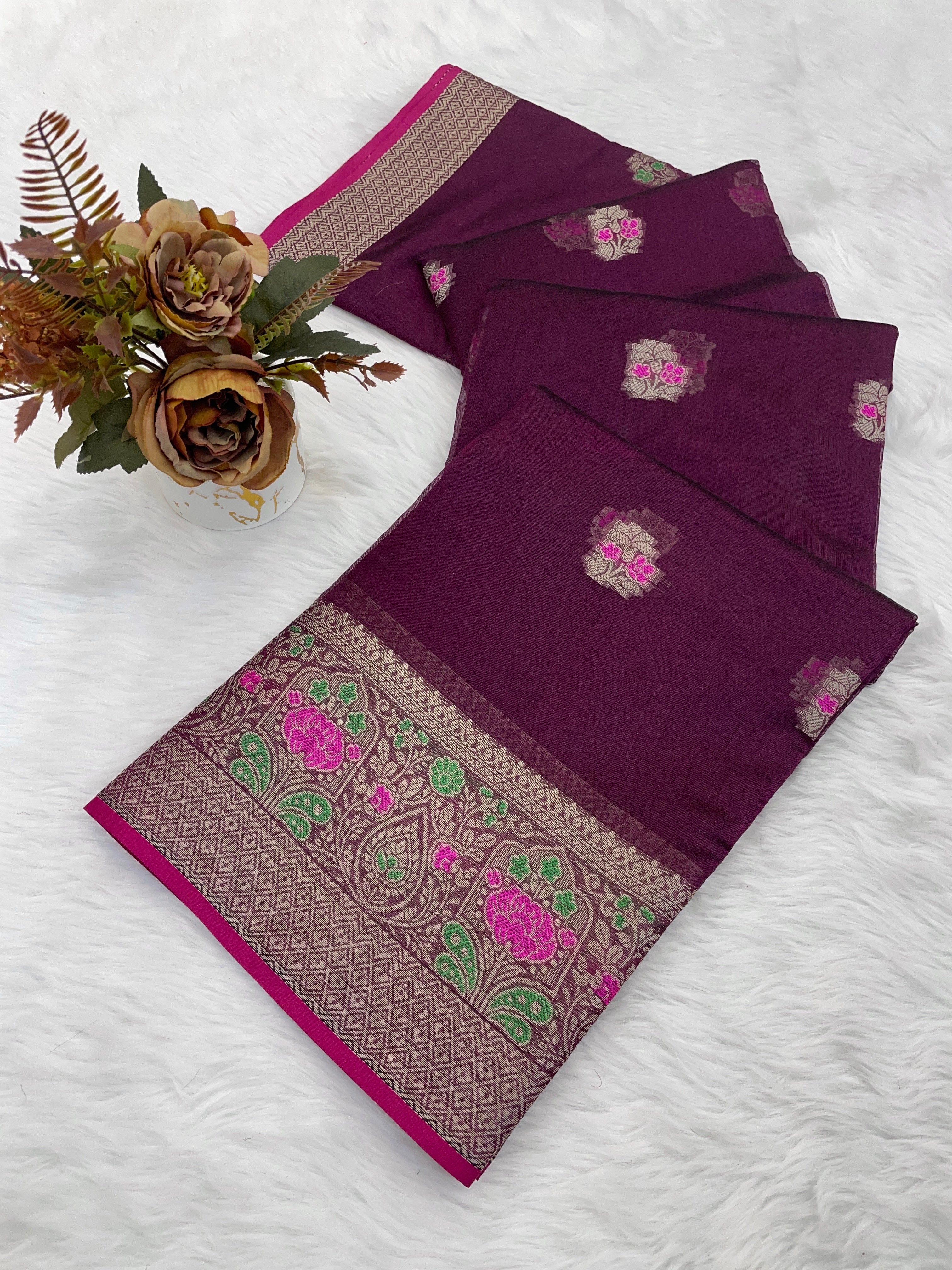 Organza Designer Border With Mina Butti With chitt pallu saree For women