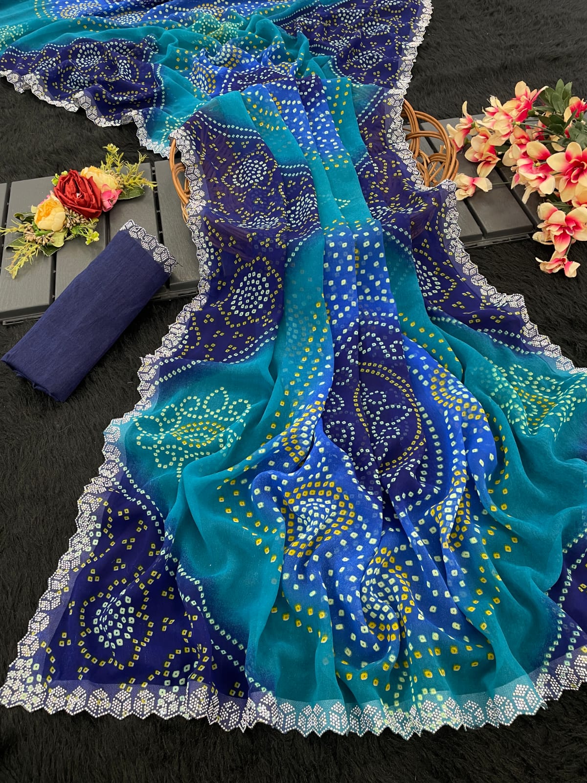 Vibrant Pink & Red Bandhani Georgette Saree with Lace Borde