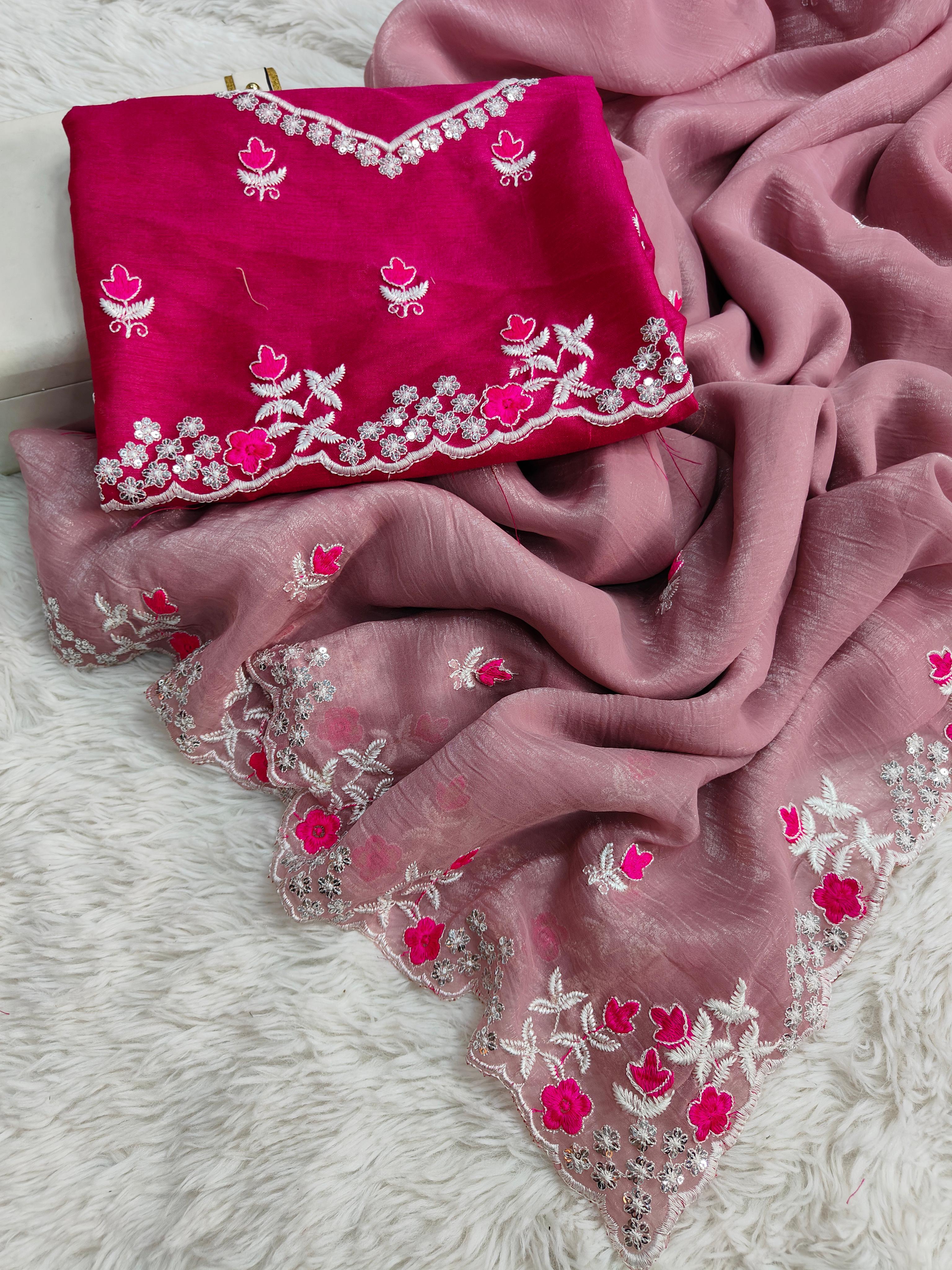 Pure crunchy silk fabric multi thread embroidery work with arc cutting border