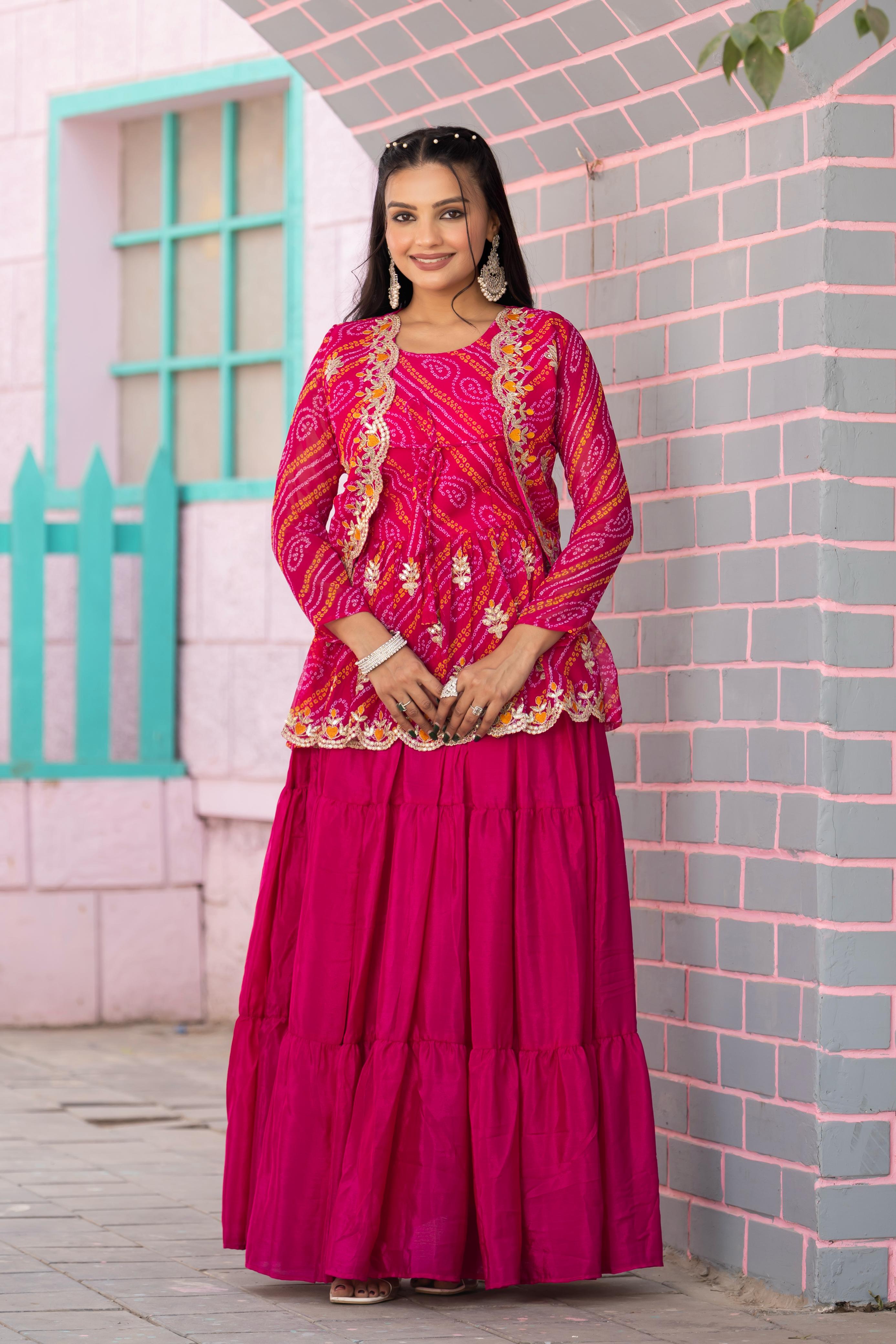 Women's Traditional Bandhani Printed Peplum Kurti with Tiered Lehenga Skirt – Magenta & Gold Embellished Set
