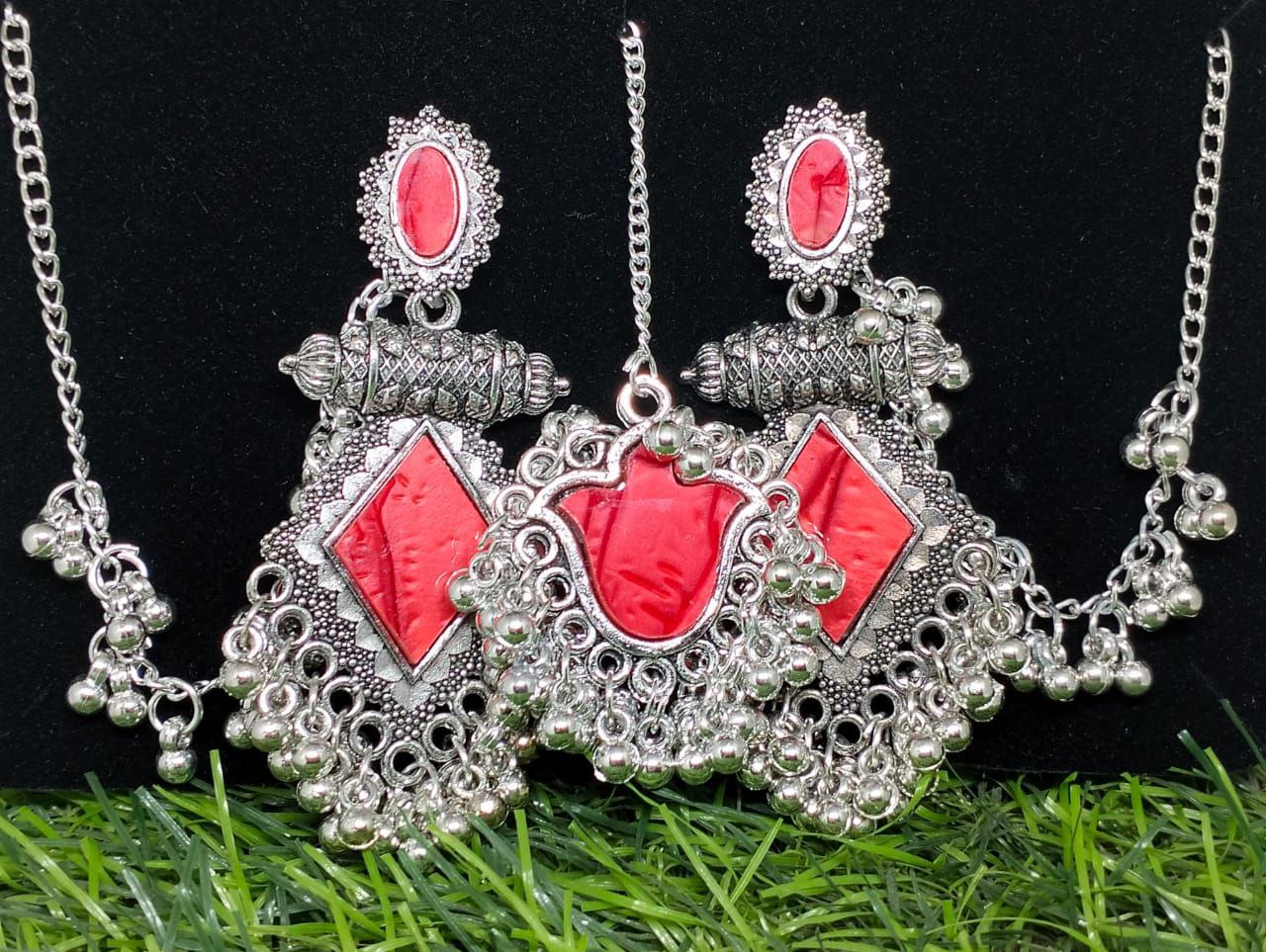 Tribal Style Oxidised Silver Necklace Set with Red Stone Detailing