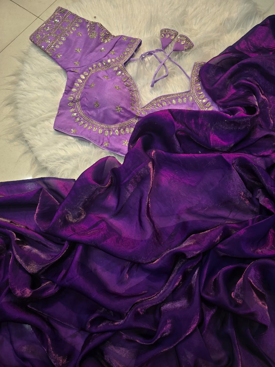 Space Silk Saree With Sequence Emrodairy Full Stiched Worked Blouse