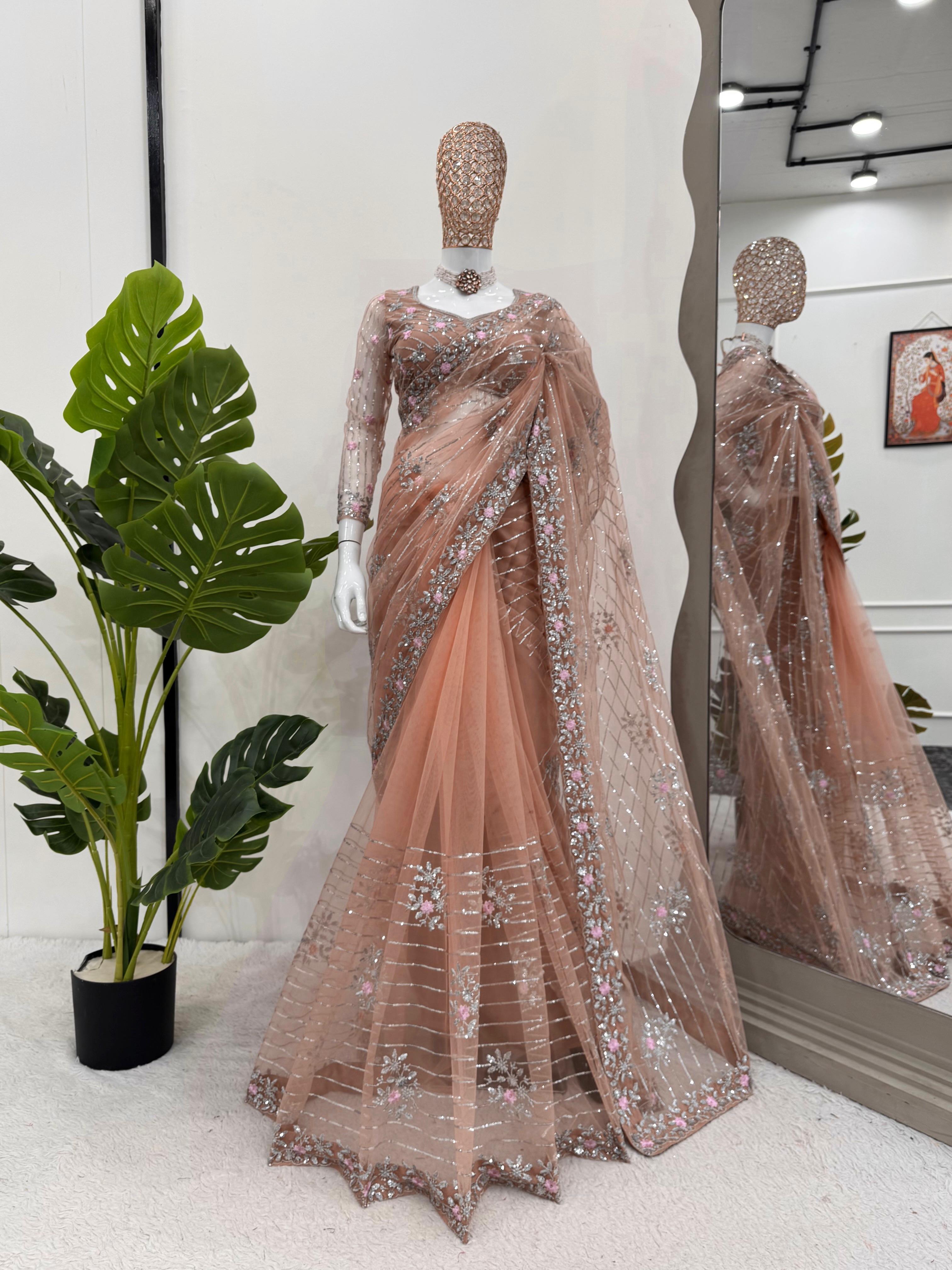 Peach Blush Embroidered Net Saree with Sequin and Floral Detailing