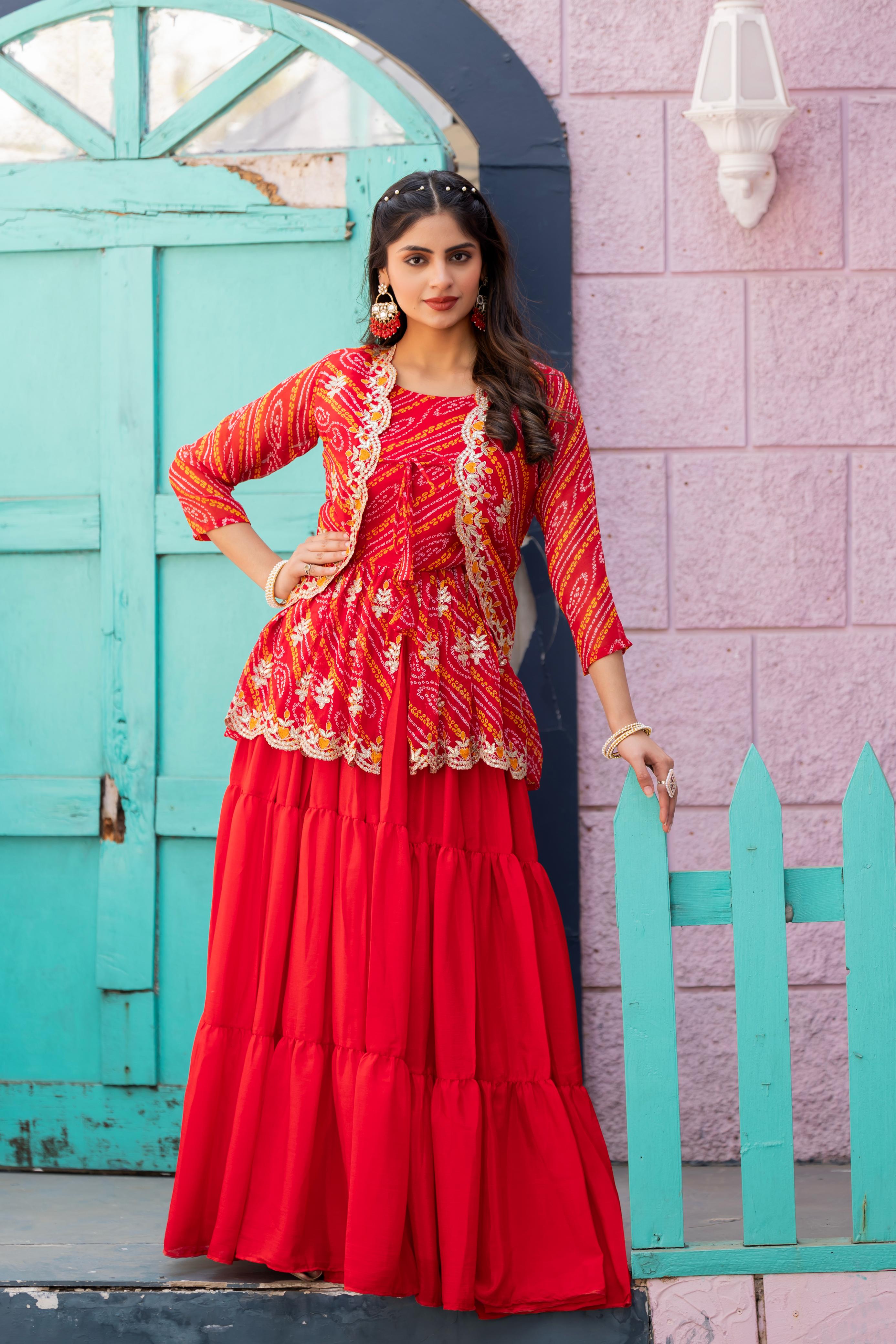 Women's Traditional Bandhani Printed Peplum Kurti with Tiered Lehenga Skirt – Magenta & Gold Embellished Set