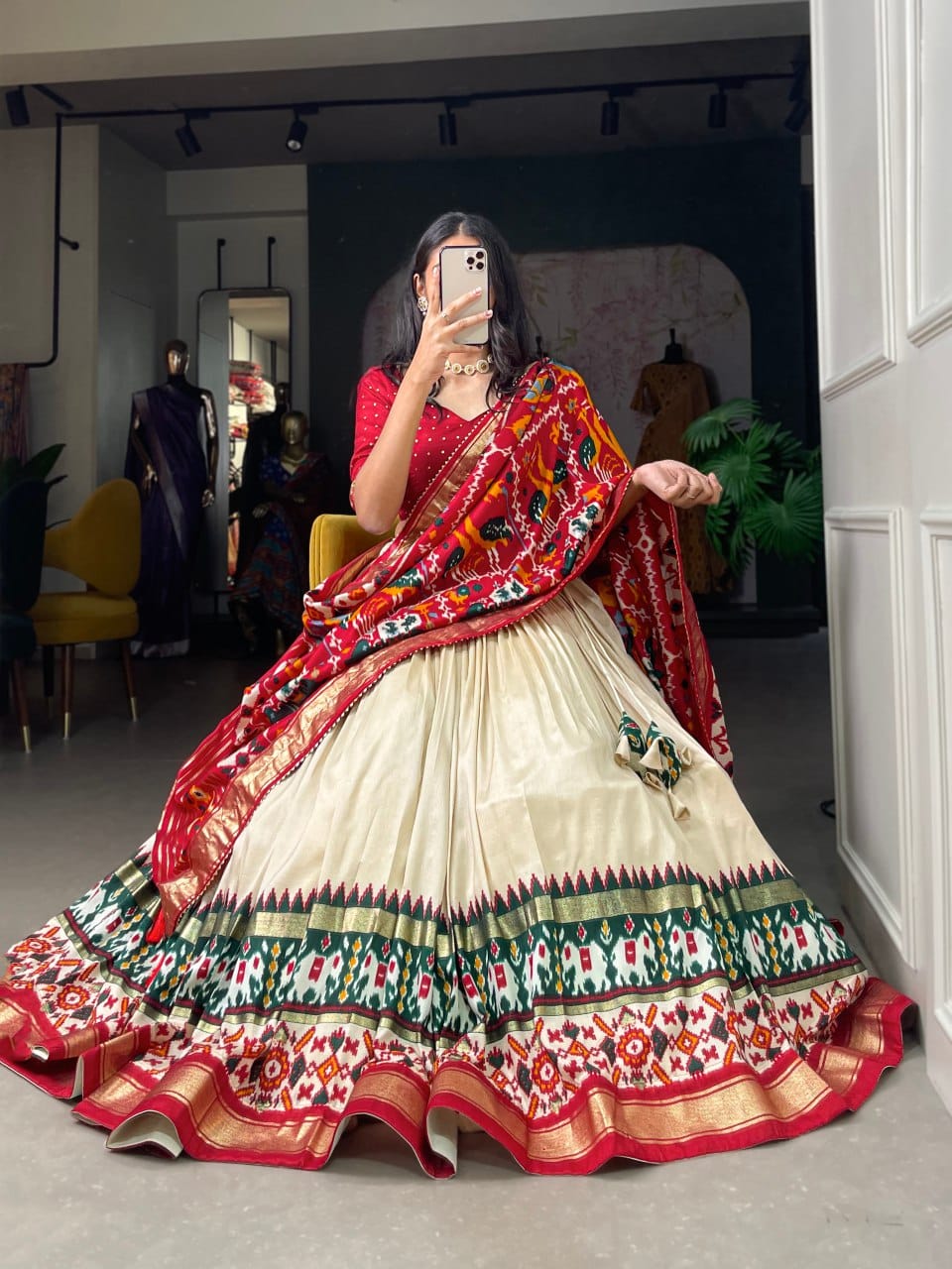 Elegant Green and Purple Ikat Lehenga Choli with Dupatta – Traditional Festive Wear