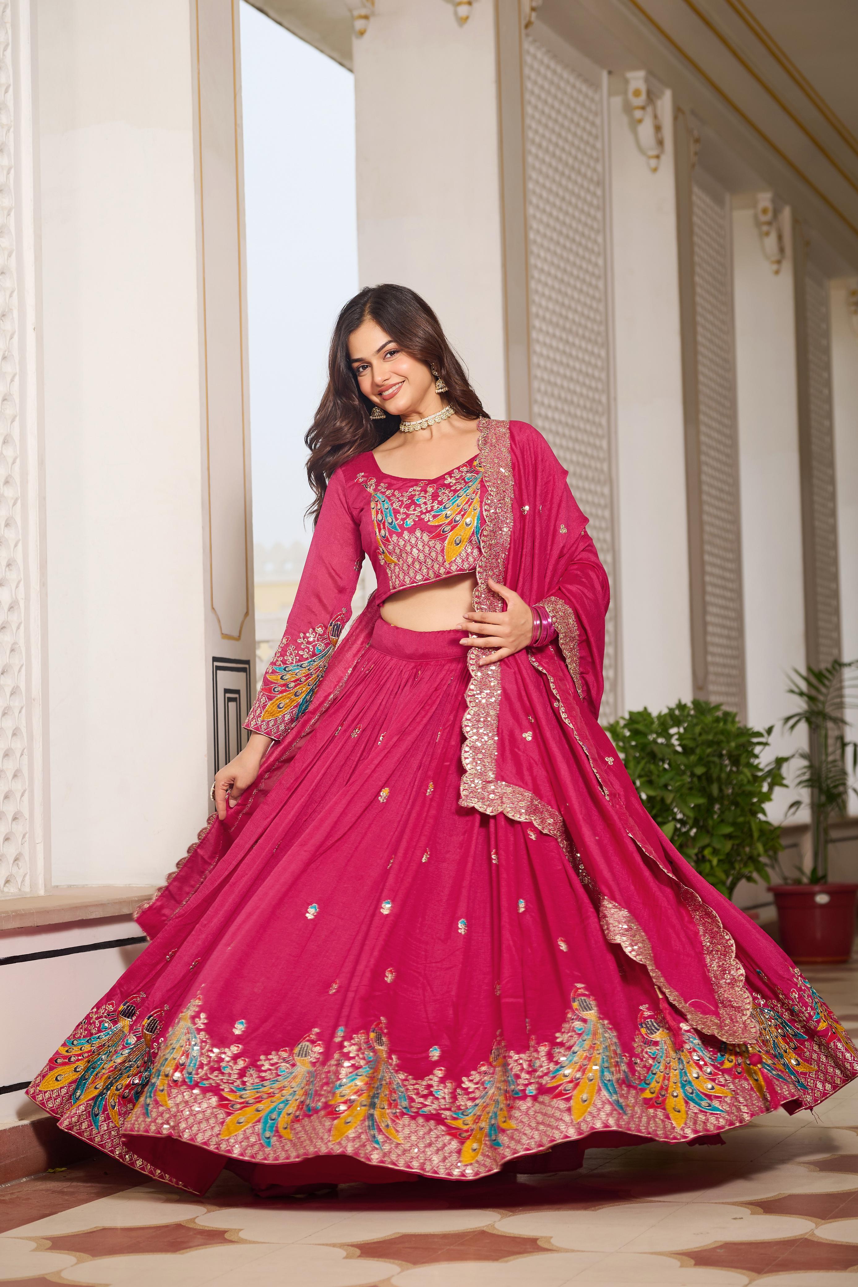 Maroon Peacock Embroidered Lehenga Set with Sequin Dupatta