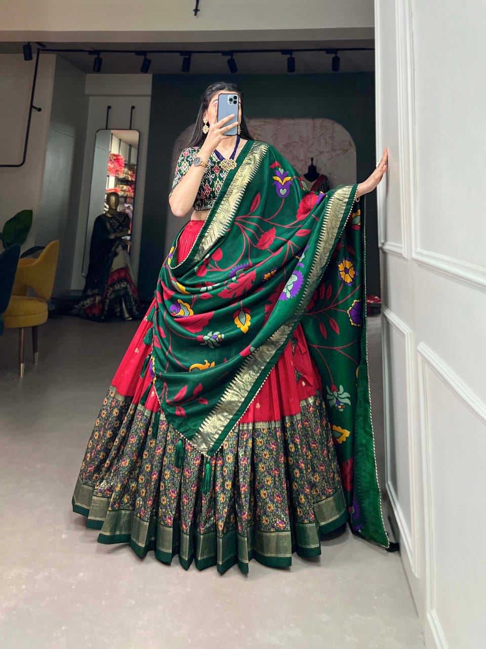 Traditional Mustard & Maroon Banarasi Lehenga with Embroidered Blouse and Dupatta