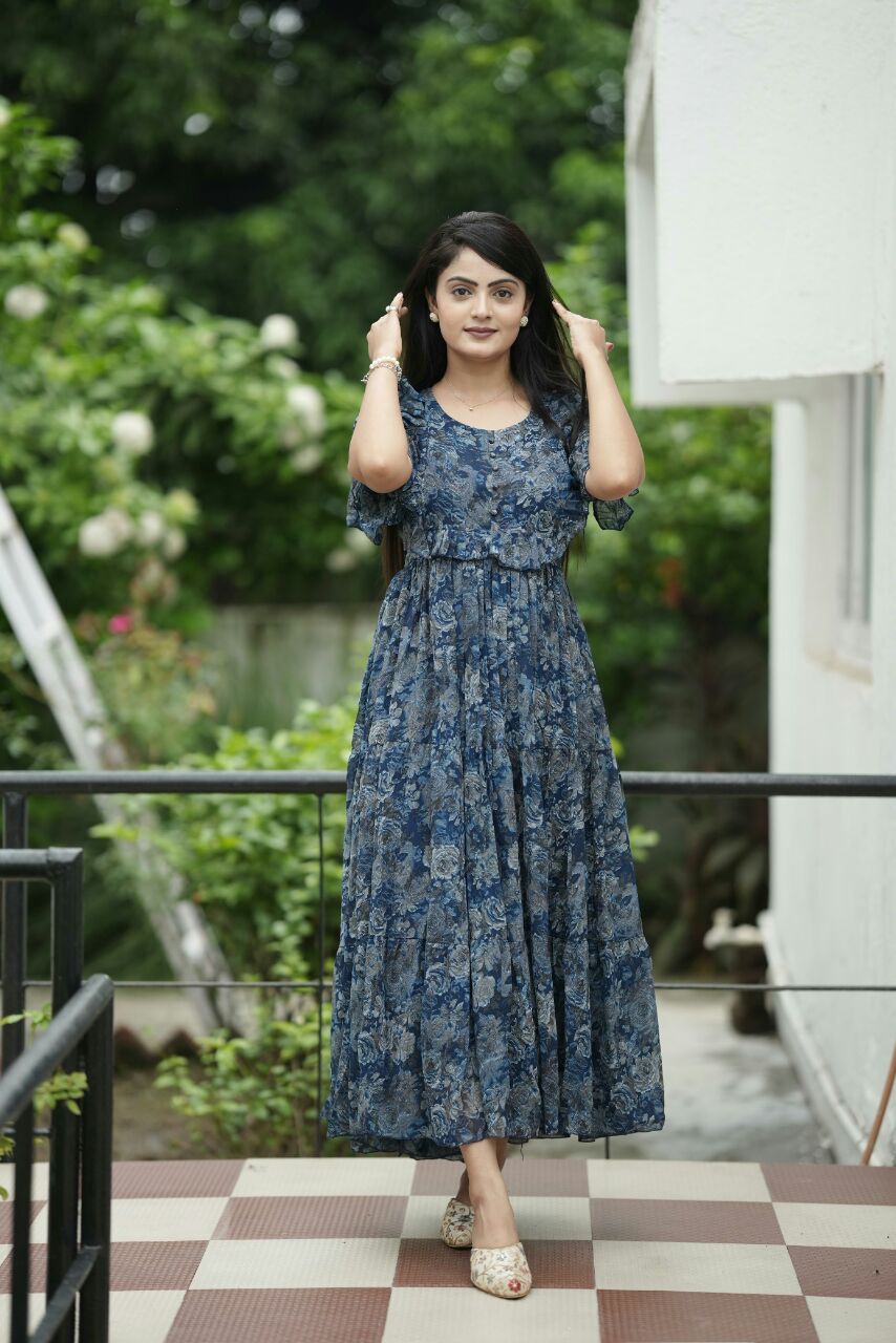 Elegant Blue Floral Maxi Dress – Soft Georgette | Summer Wear