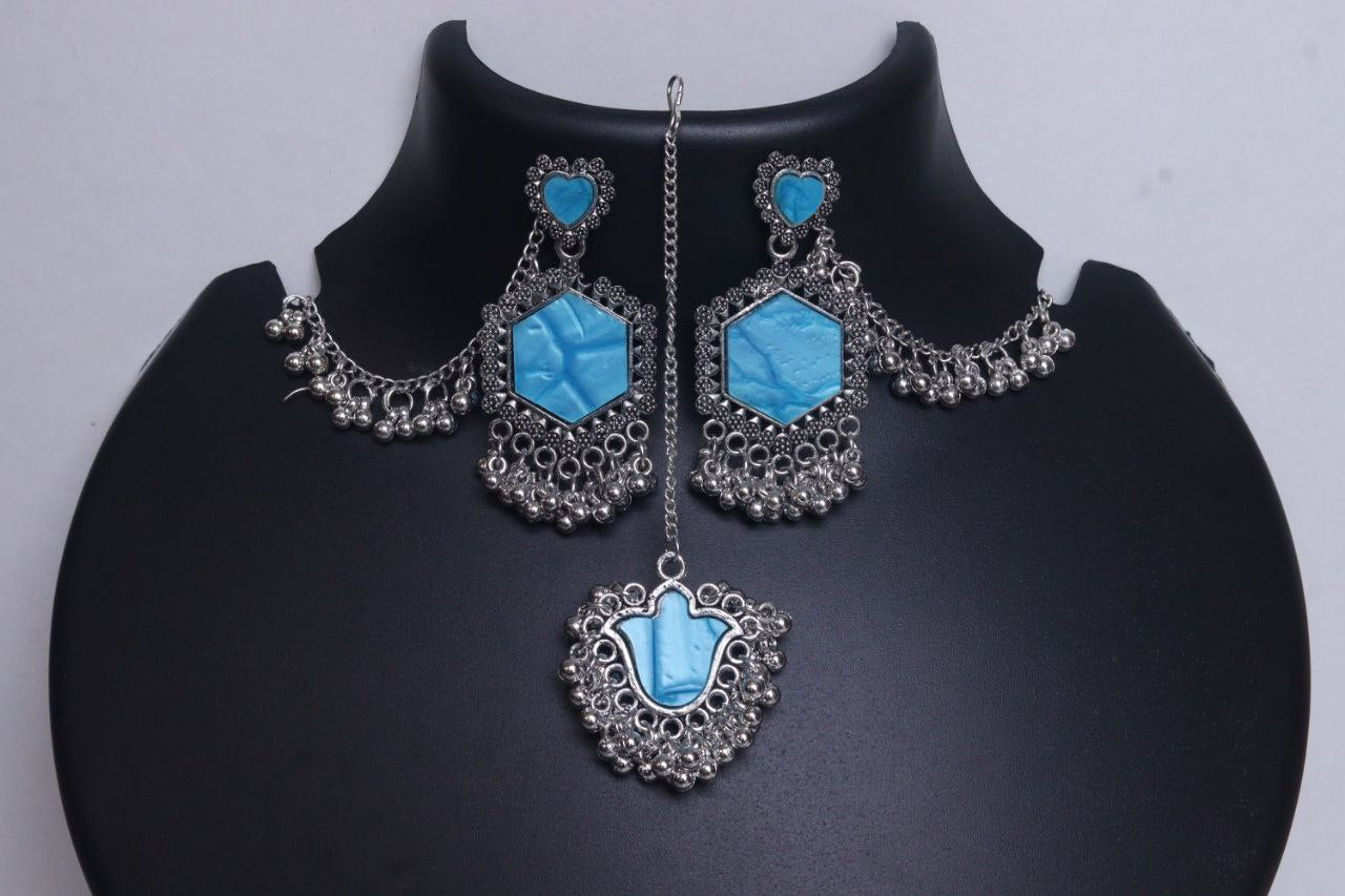 Tribal Style Oxidised Silver Necklace Set with Red Stone Detailing