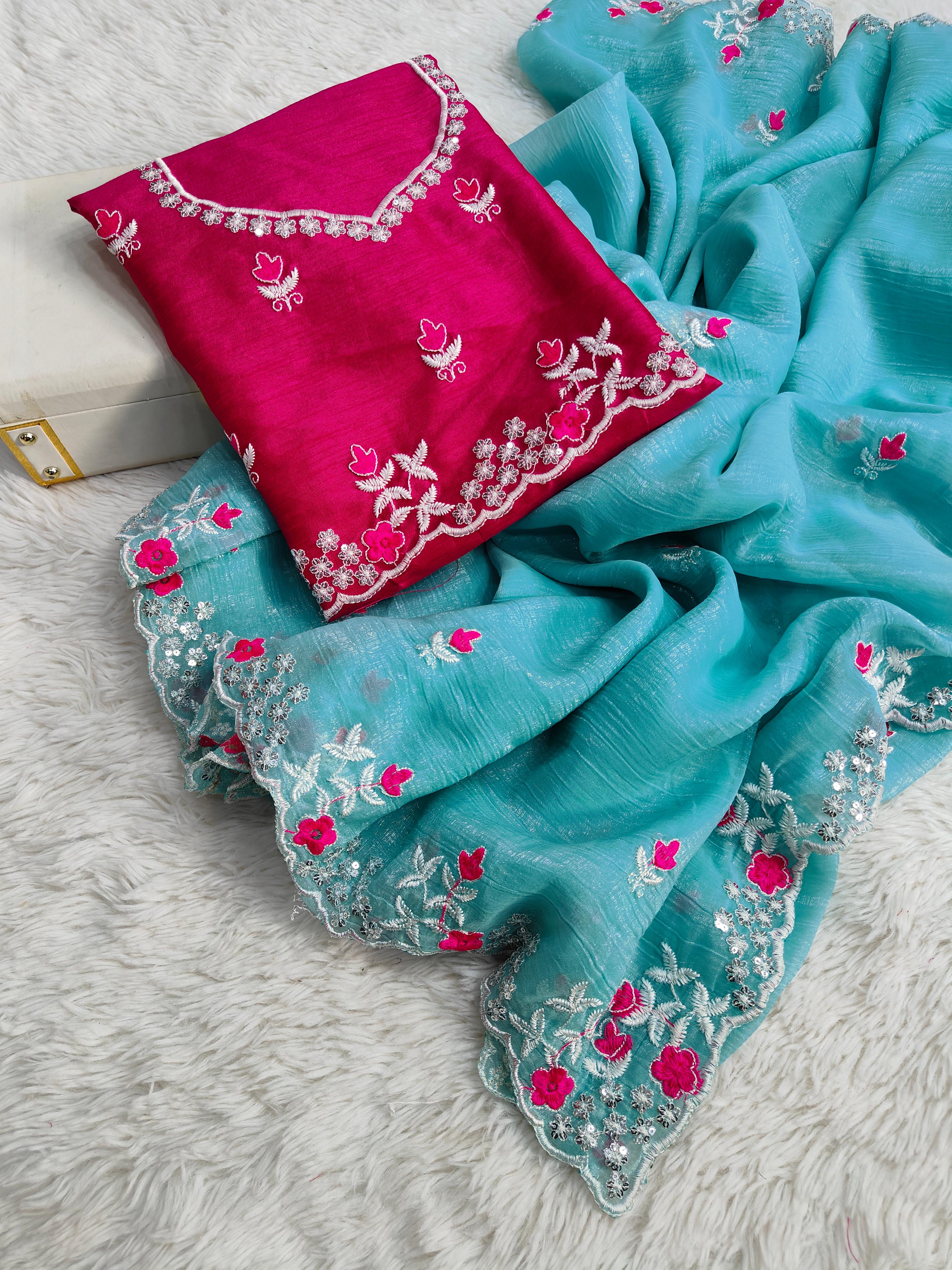 Pure crunchy silk fabric multi thread embroidery work with arc cutting border