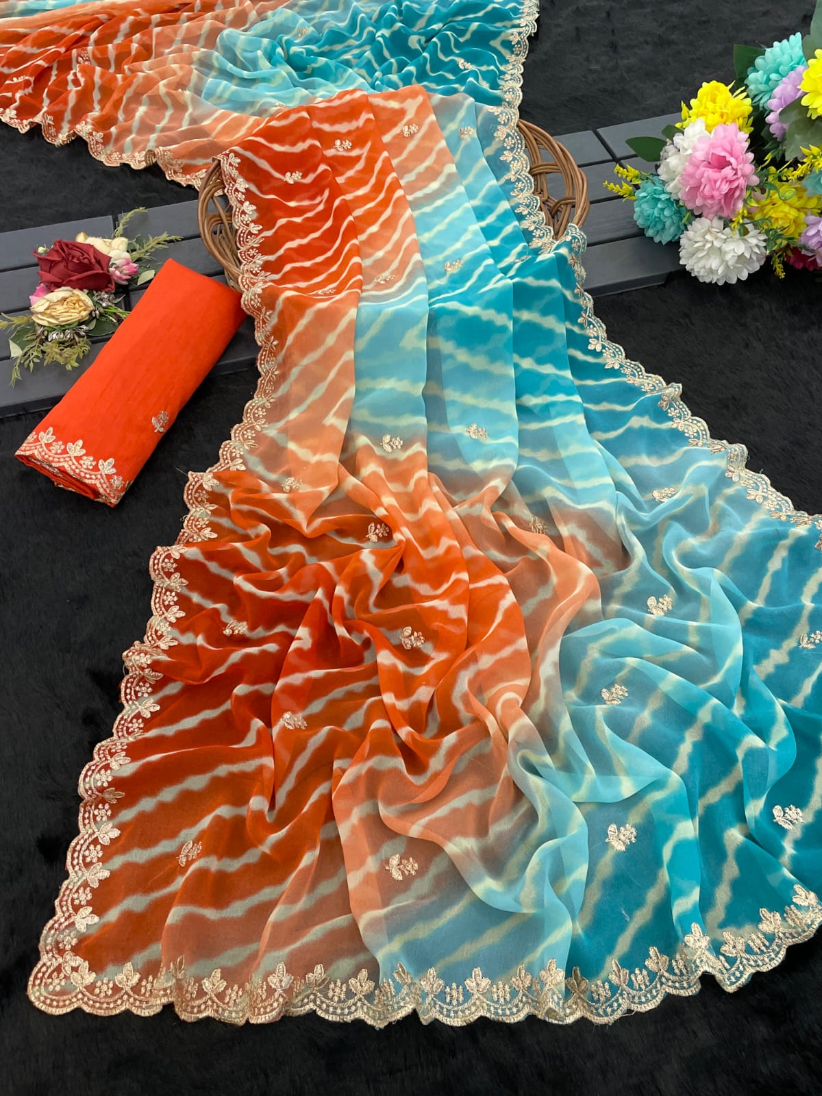 Orange & Pink Shaded Tie-Dye Georgette Saree with Embroidery Border