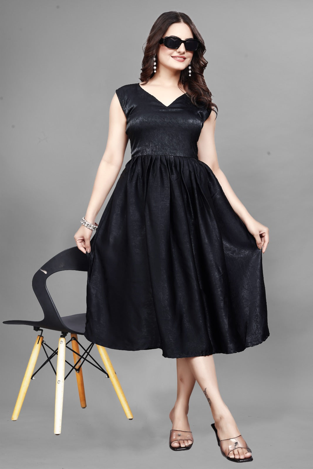 Emerald Green Satin Fit & Flare Midi Dress | Party Wear Sleeveless Gown