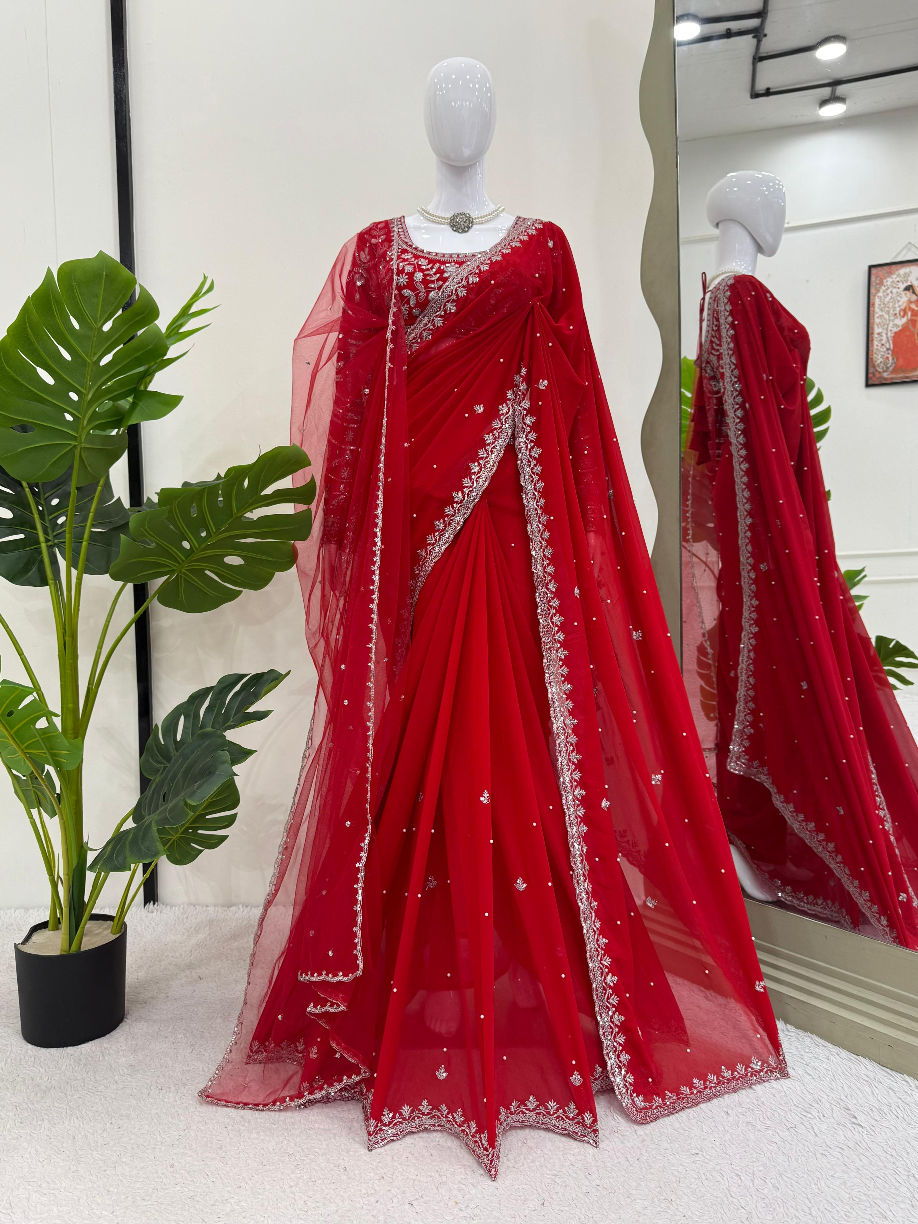 beautiful Designer Saree on Faux Georgette Red Colour