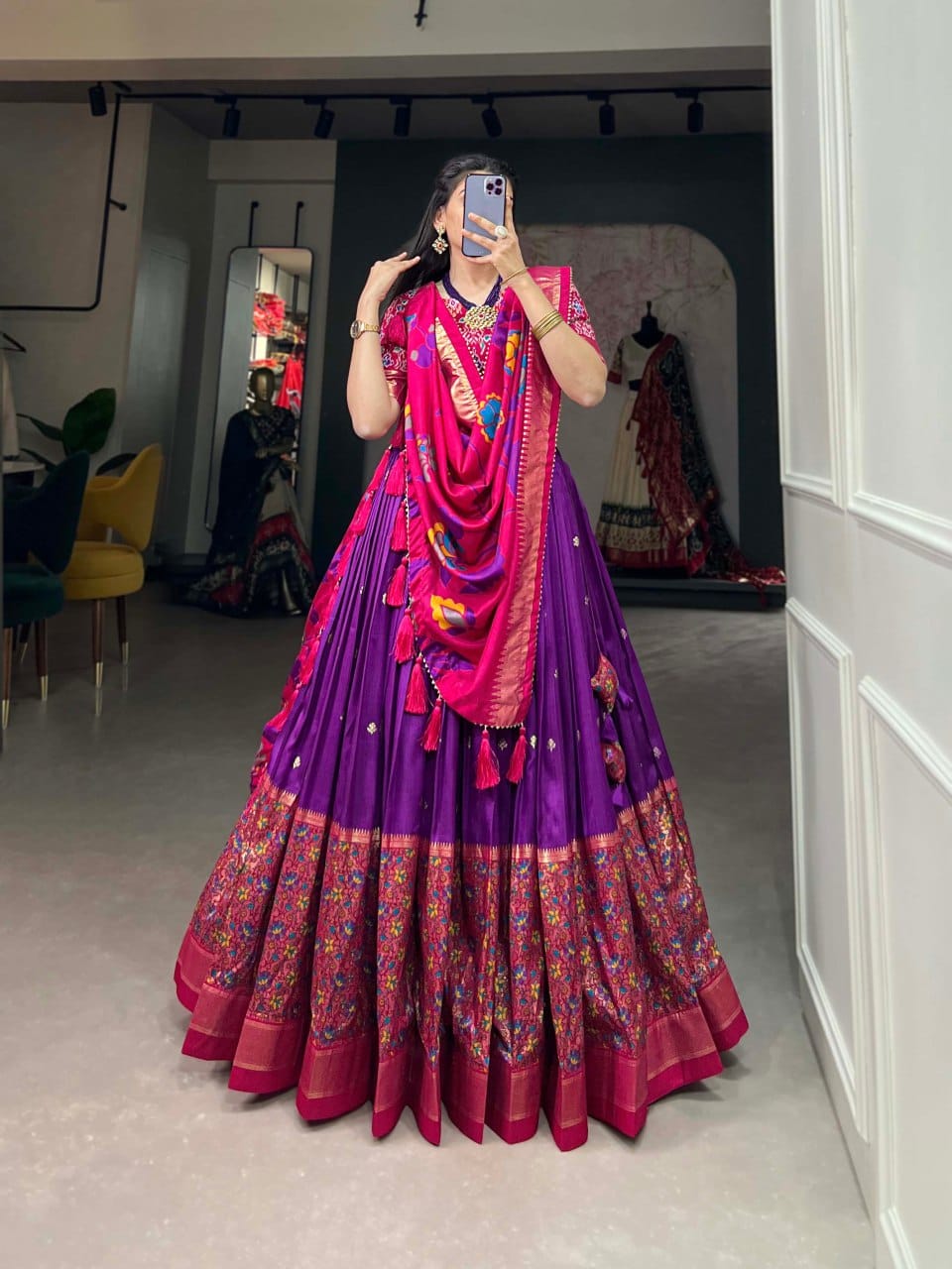 Traditional Mustard & Maroon Banarasi Lehenga with Embroidered Blouse and Dupatta