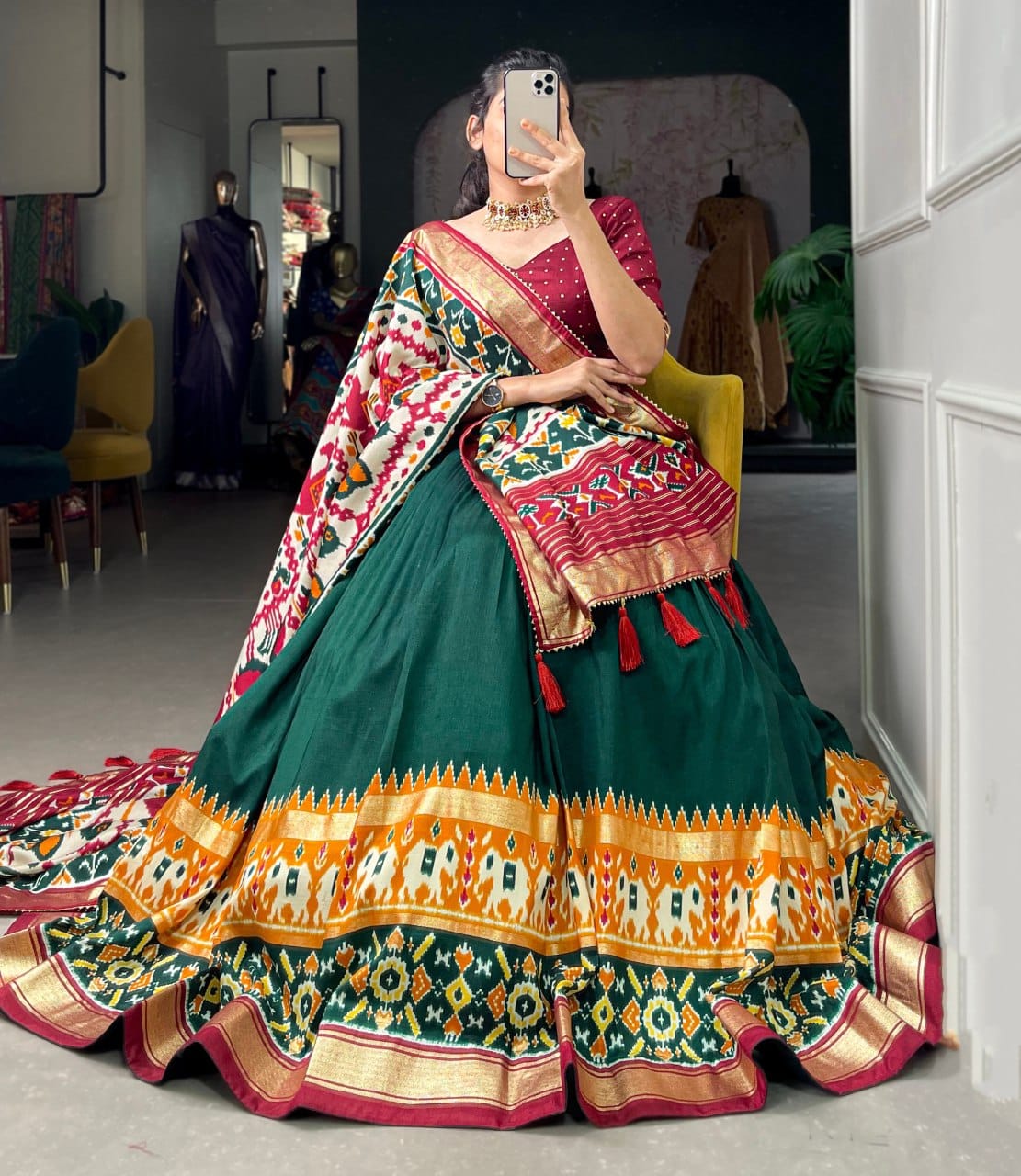 Elegant Green and Purple Ikat Lehenga Choli with Dupatta – Traditional Festive Wear