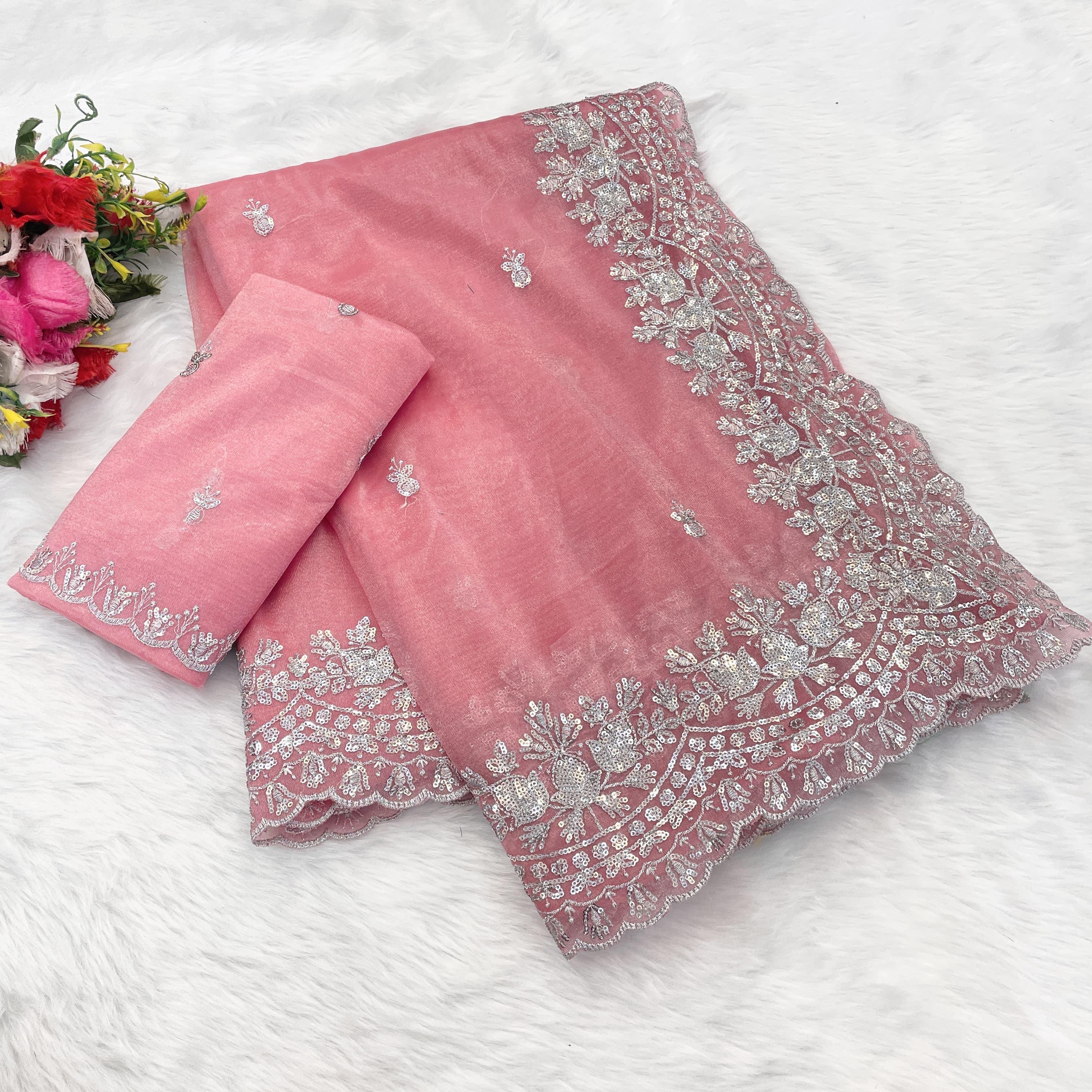 Jimmy Choo soft fabrics with embroidery c pallu work with cut work border