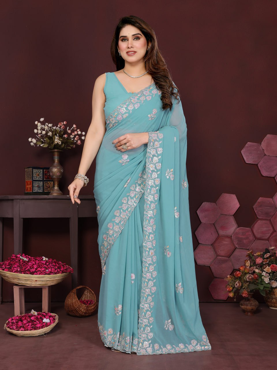 EMBROIDERY  WORK  SAREE WITH EMBROIDERY  WORK BLOUSE