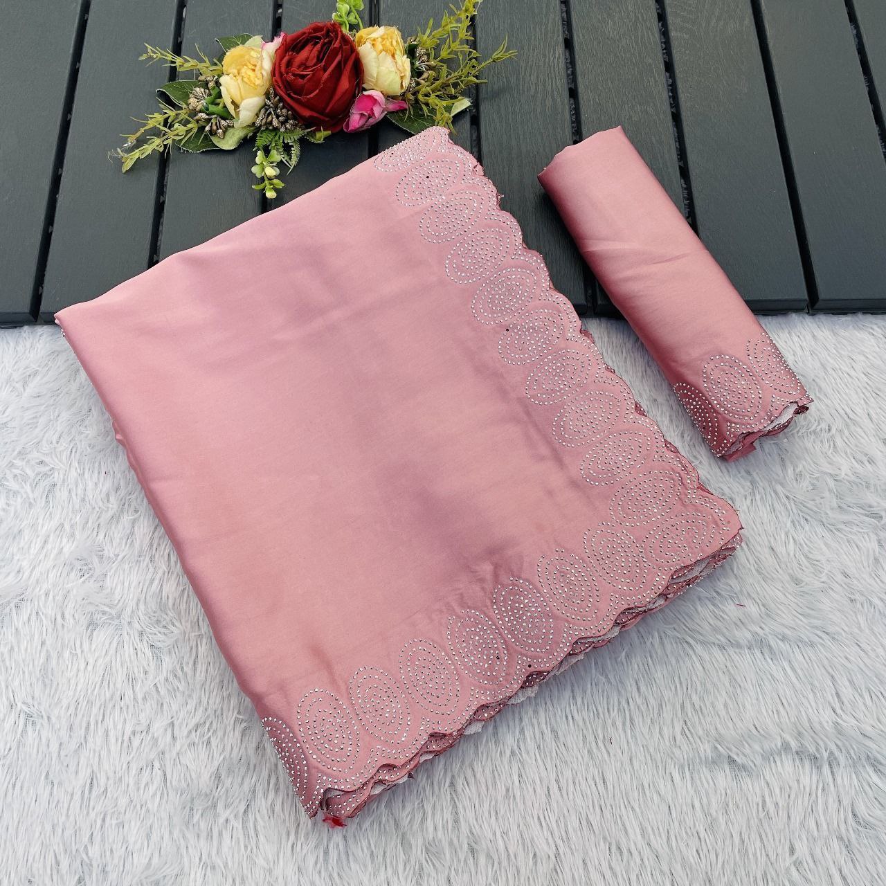 heavy satin designer saree adorned with a stunning hotfix diamond border & with jarkhan border saree