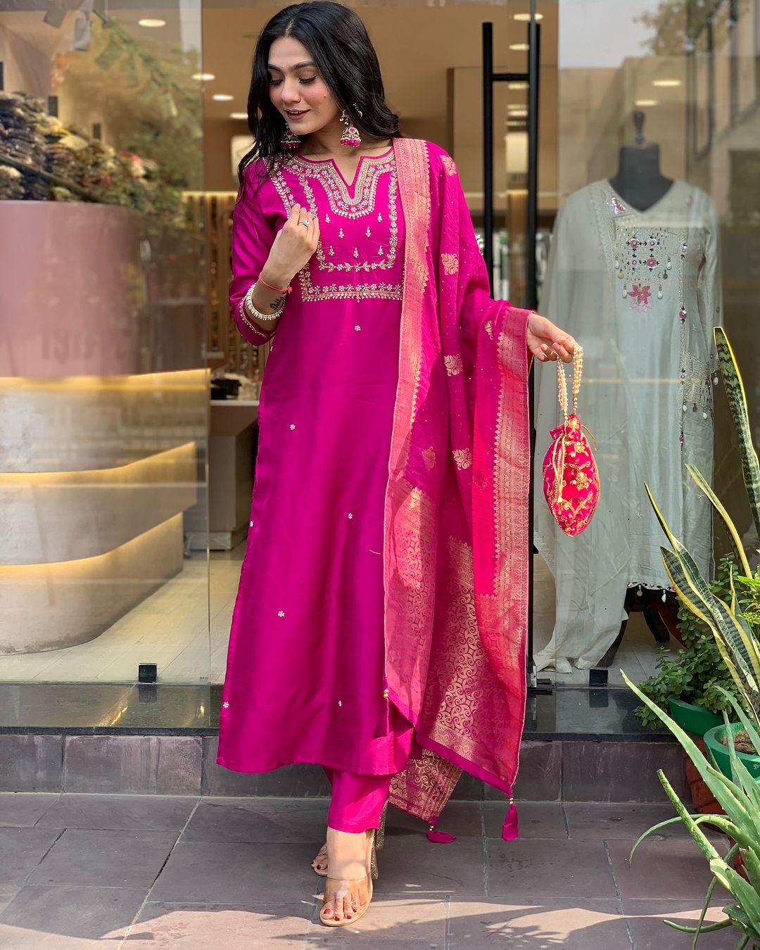 Rani Pink Embroidered Kurta Set with Brocade Dupatta
