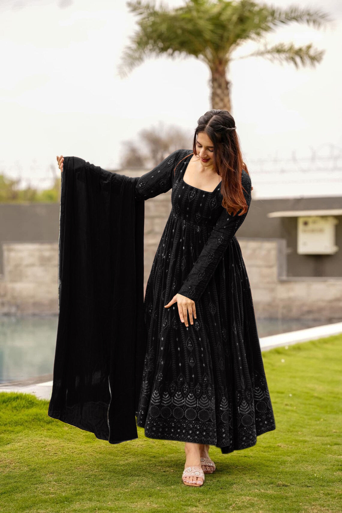 Embroidered Georgette Stitched Anarkali Gown With Dupatta