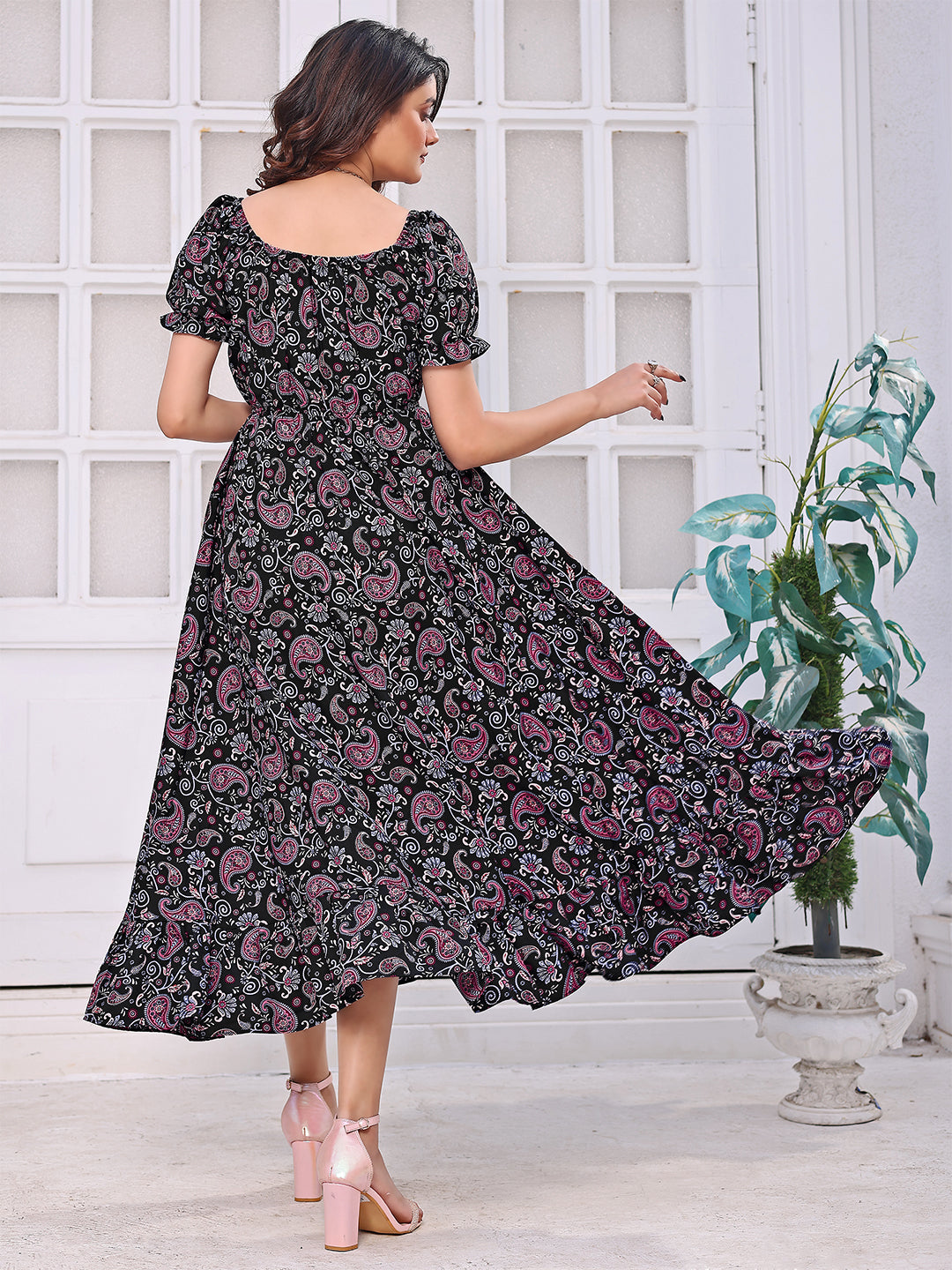 Women's Boho Chic Paisley Print Midi Dress – Black & Pink