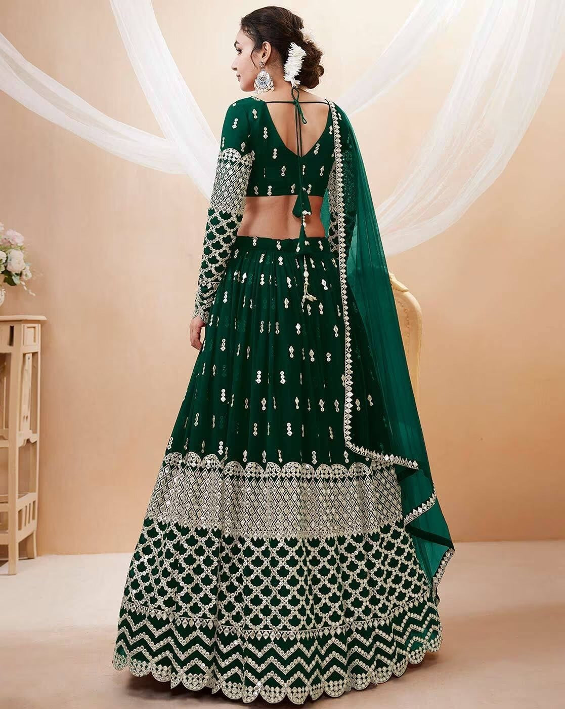 Emerald Green Embroidered Georgette Lehenga Choli with Mirror Work and Net Dupatta