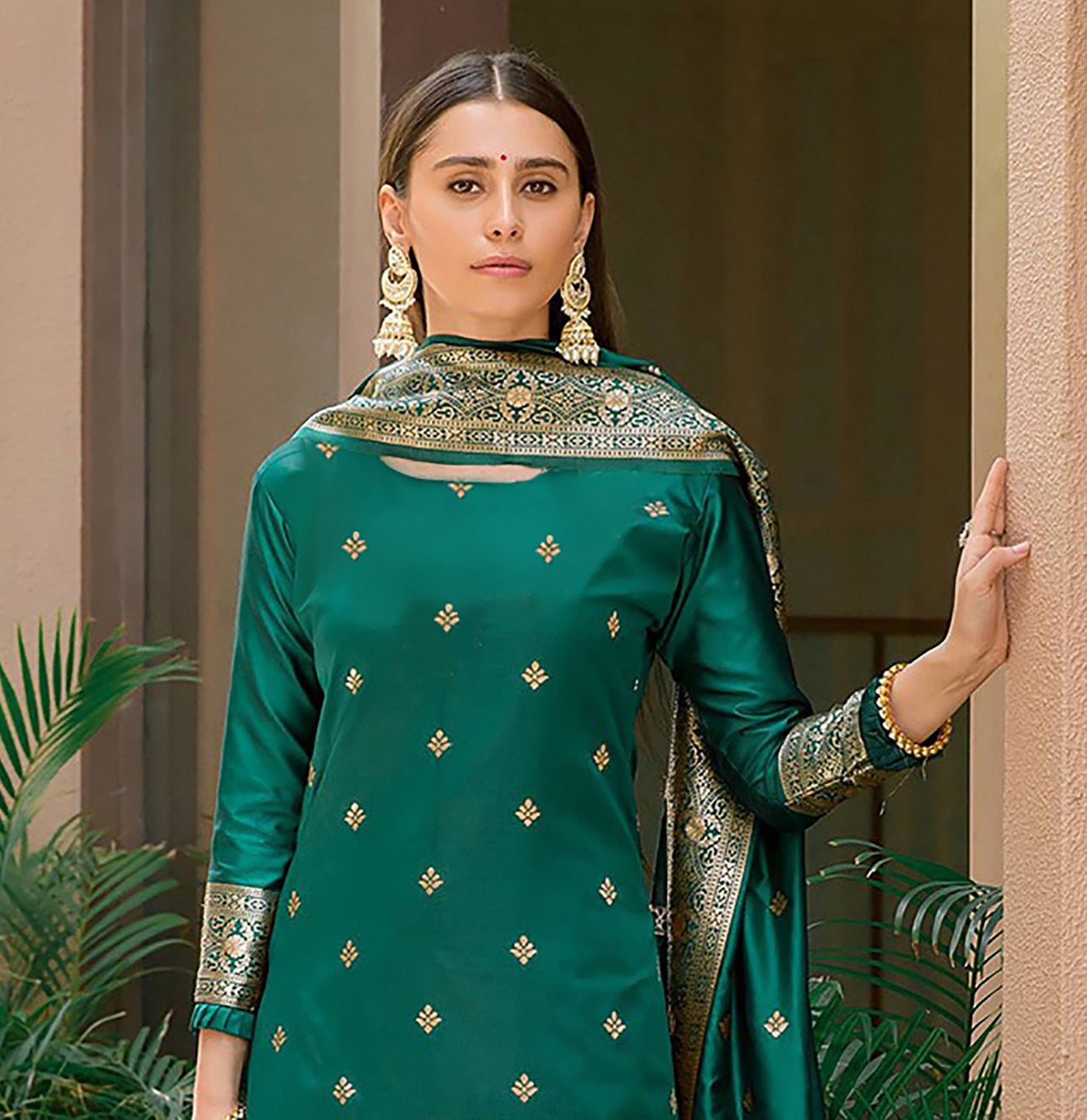 Green Malang Embroidered Silk Straight Suit with Brocade Dupatta