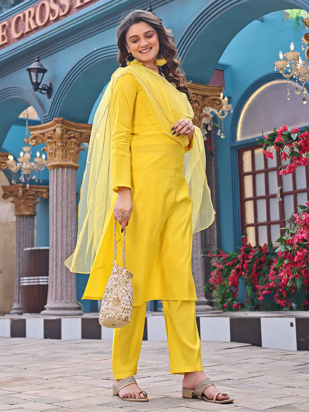 Women's Bright Yellow Kurta Set with Dupatta – Traditional Ethnic Wear for Haldi Ceremony